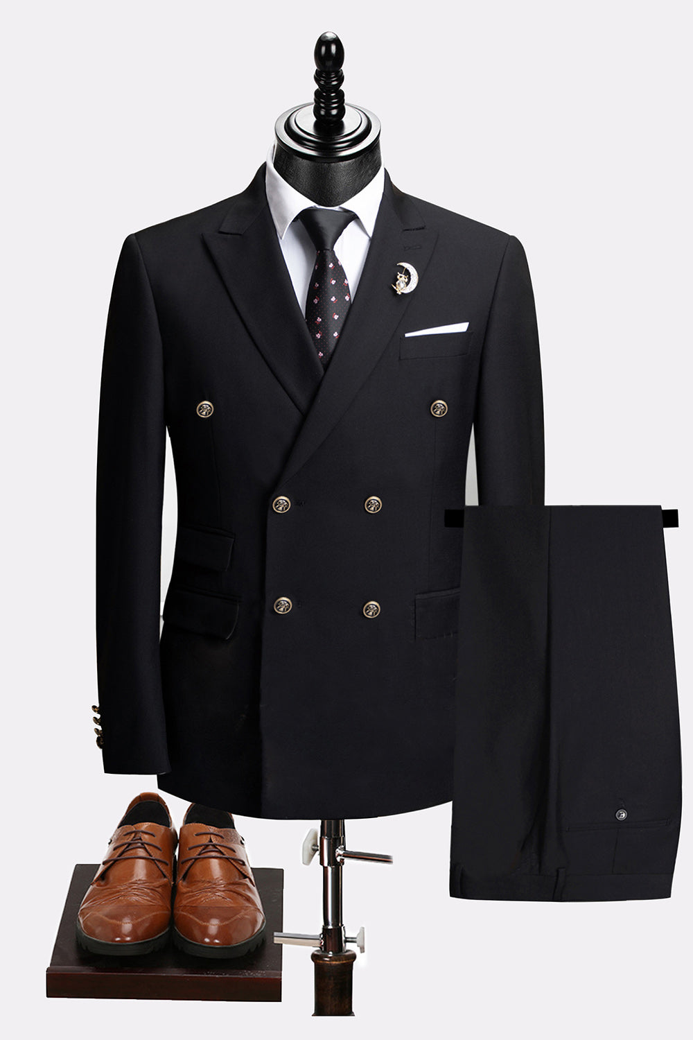 2 Piece Black Peaked Lapel Double Breasted Men's Suits with Sleeves