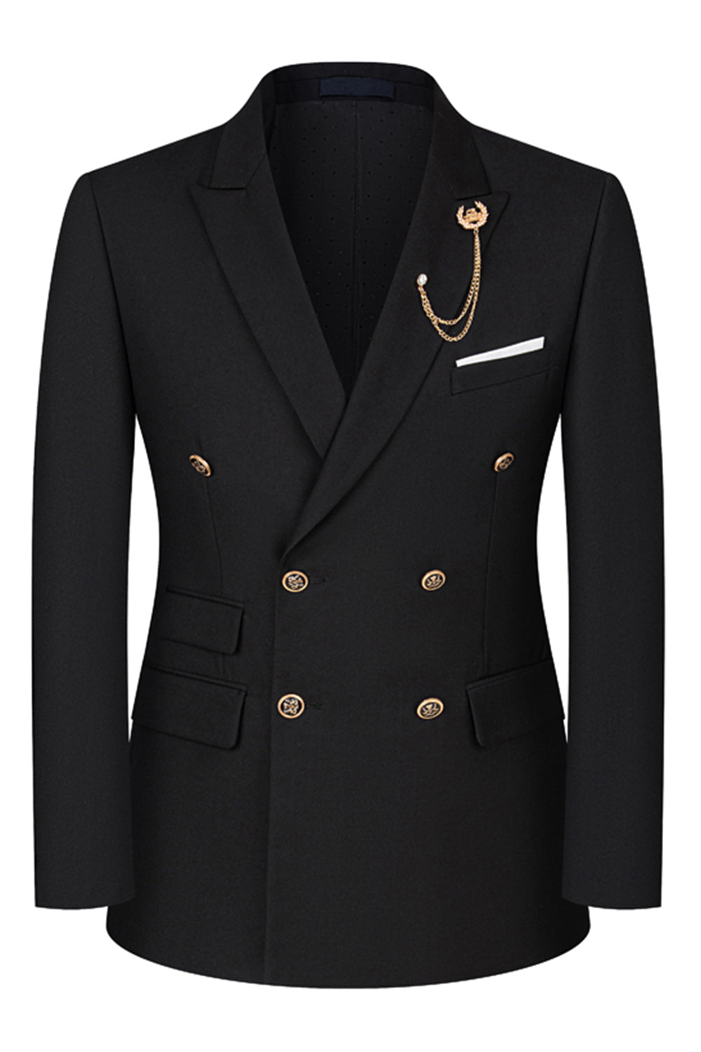 2 Piece Black Peaked Lapel Double Breasted Men's Suits with Sleeves