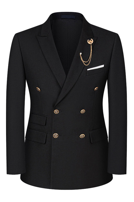 2 Piece Black Peaked Lapel Double Breasted Men's Suits with Sleeves