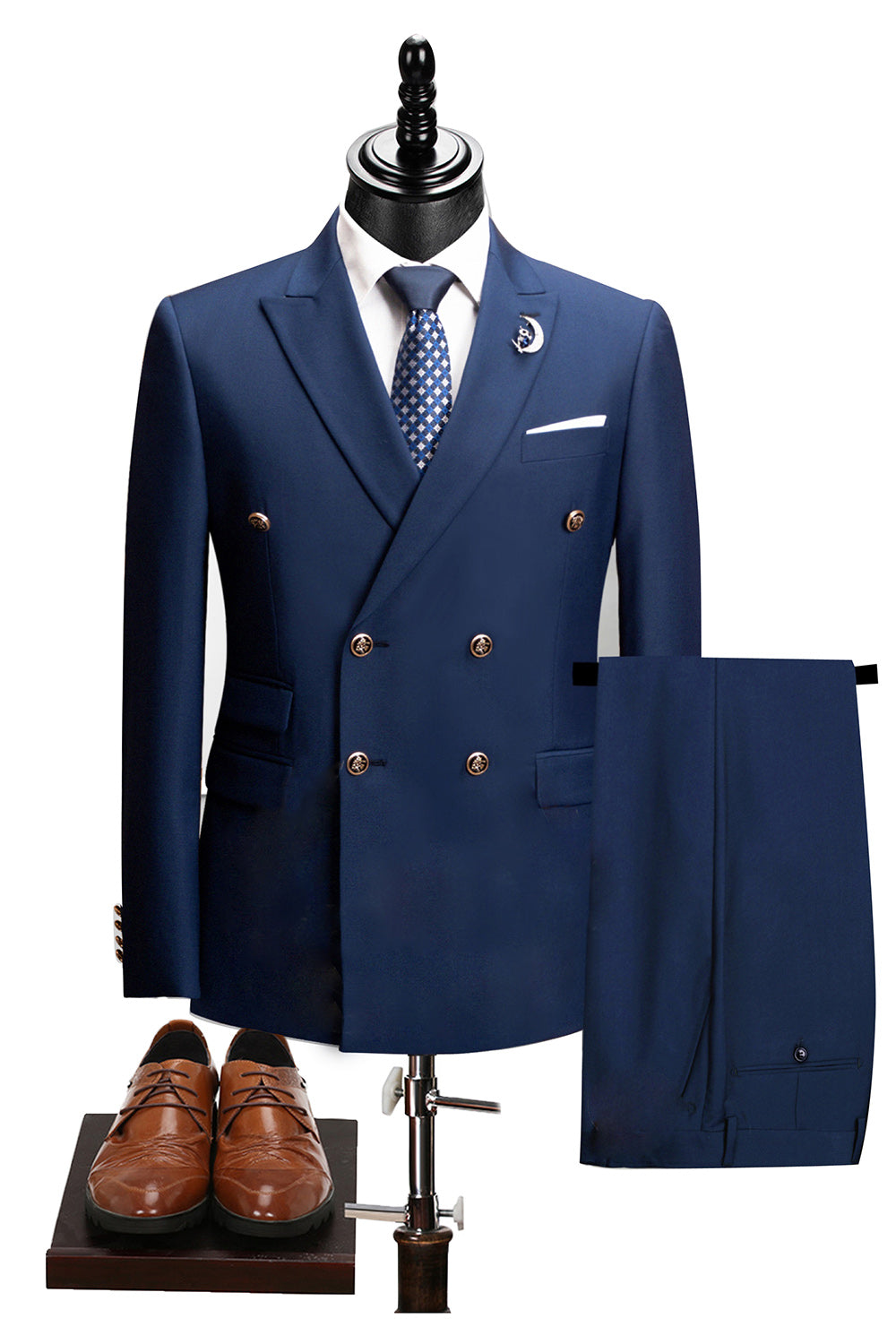 2 Piece Black Peaked Lapel Double Breasted Men's Suits with Sleeves