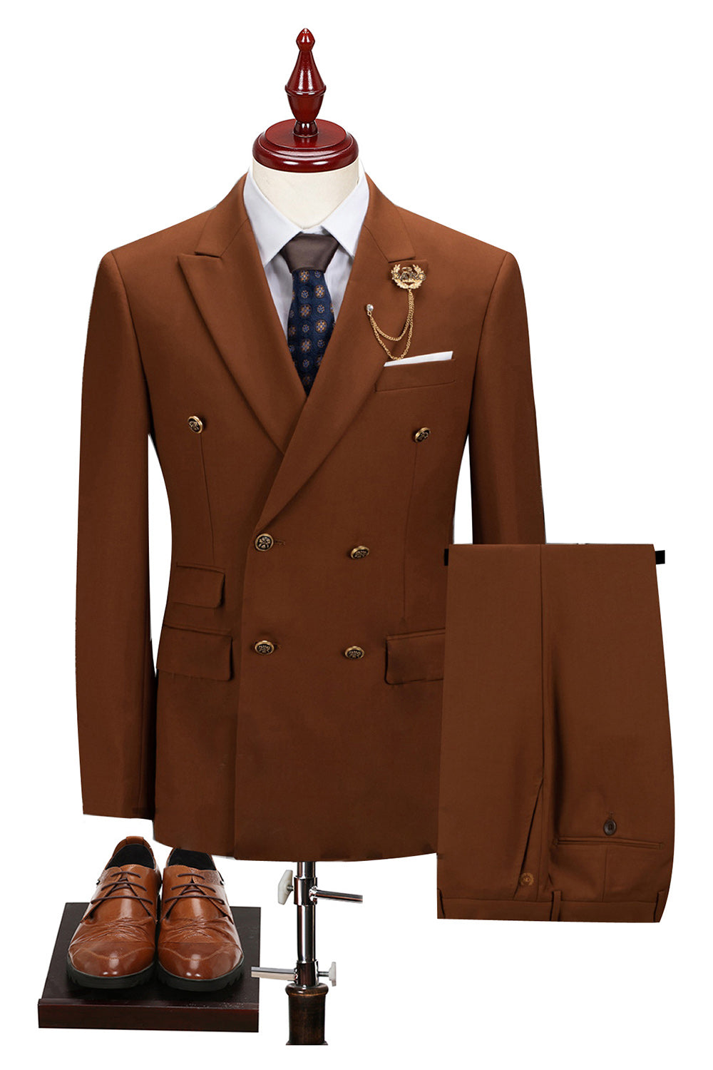 2 Piece Black Peaked Lapel Double Breasted Men's Suits with Sleeves