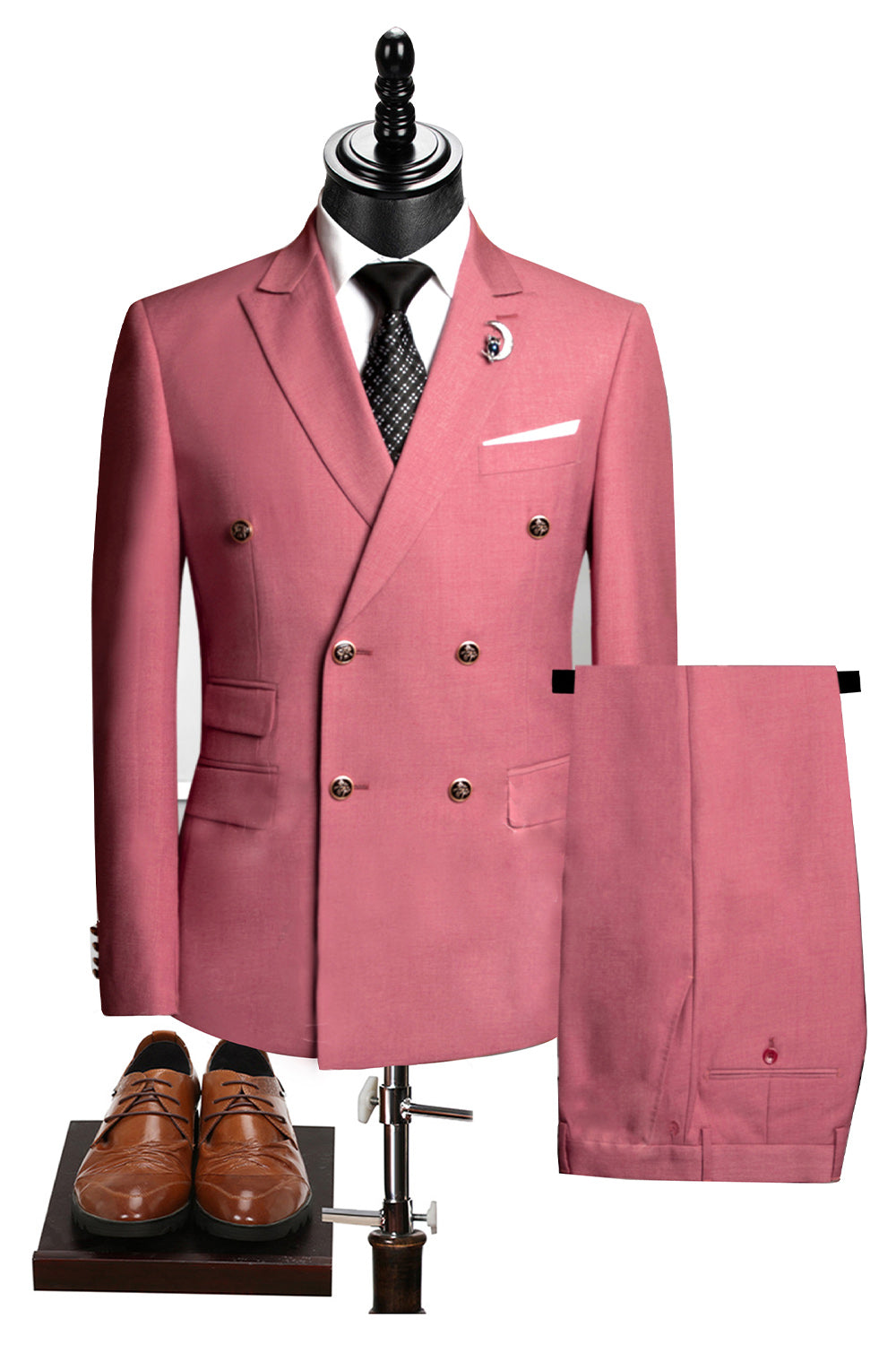 2 Piece Black Peaked Lapel Double Breasted Men's Suits with Sleeves