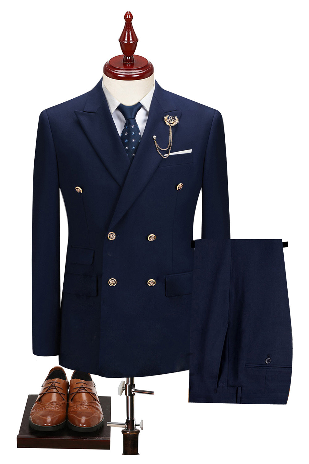 2 Piece Black Peaked Lapel Double Breasted Men's Suits with Sleeves