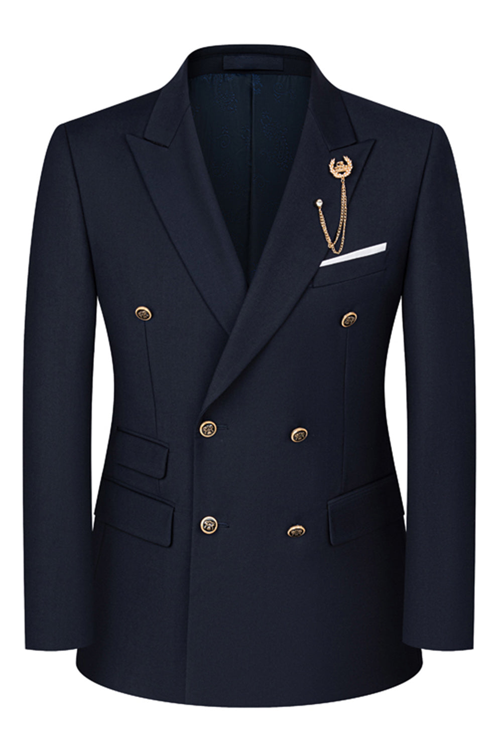2 Piece Black Peaked Lapel Double Breasted Men's Suits with Sleeves