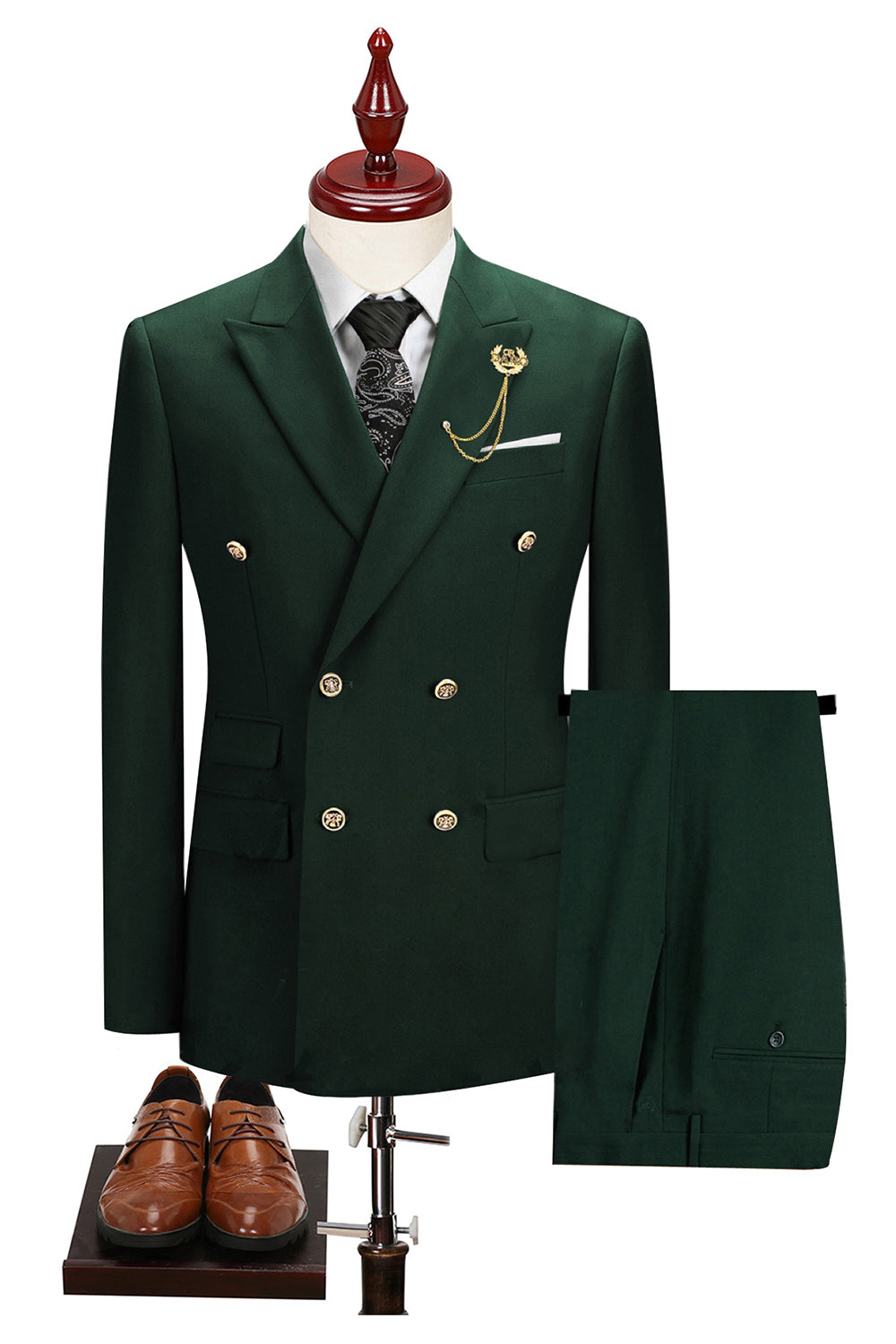 2 Piece Black Peaked Lapel Double Breasted Men's Suits with Sleeves