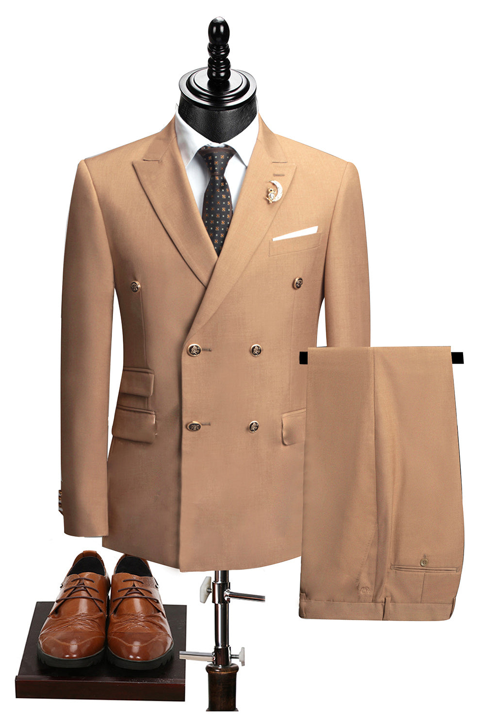 2 Piece Black Peaked Lapel Double Breasted Men's Suits with Sleeves
