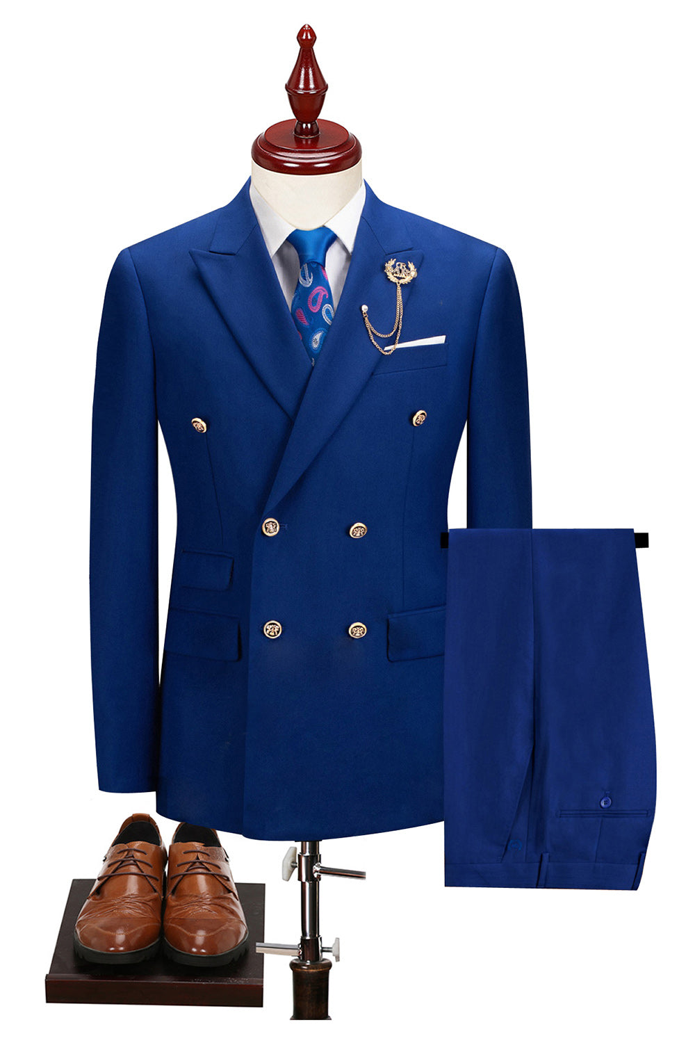 2 Piece Black Peaked Lapel Double Breasted Men's Suits with Sleeves