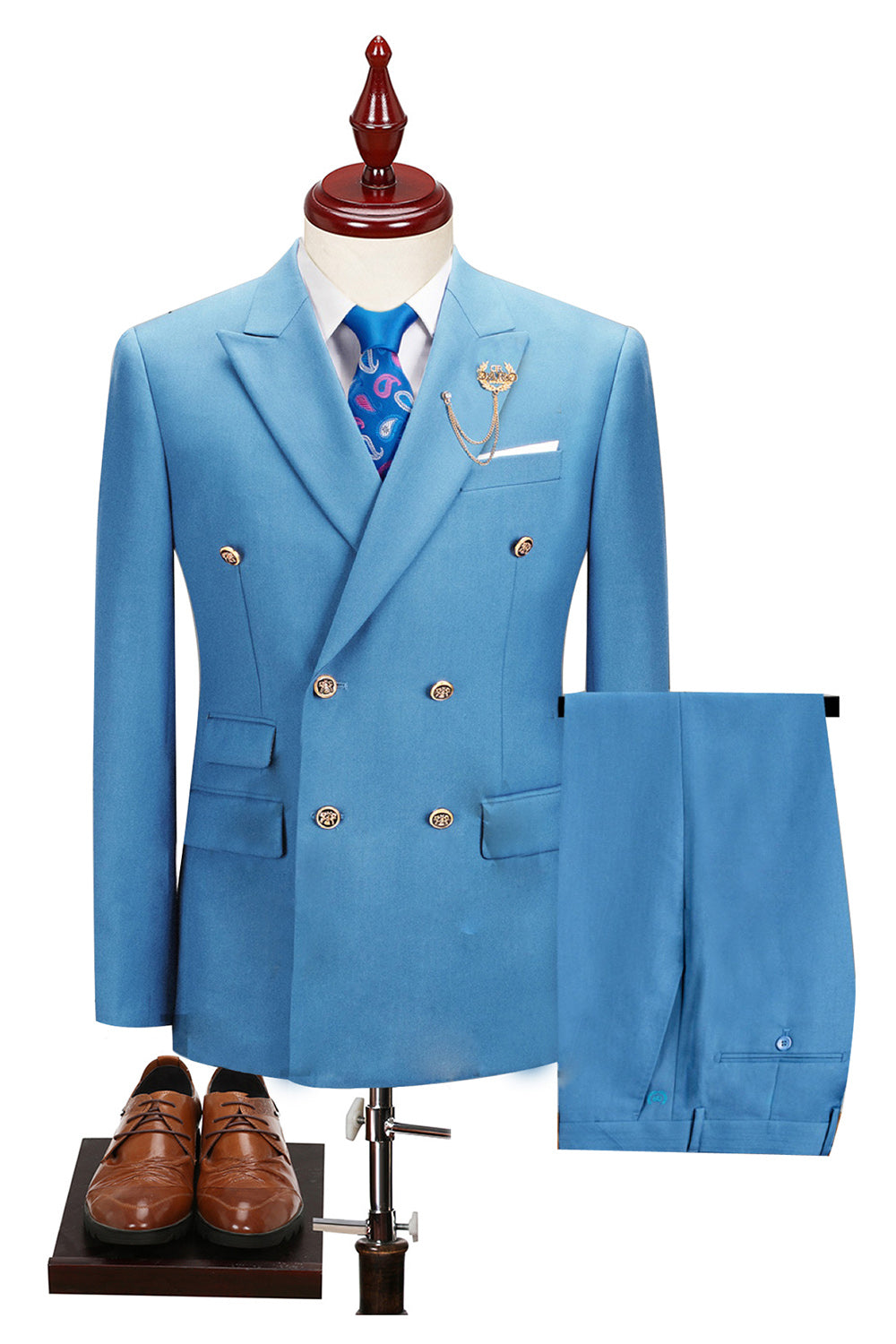 2 Piece Black Peaked Lapel Double Breasted Men's Suits with Sleeves