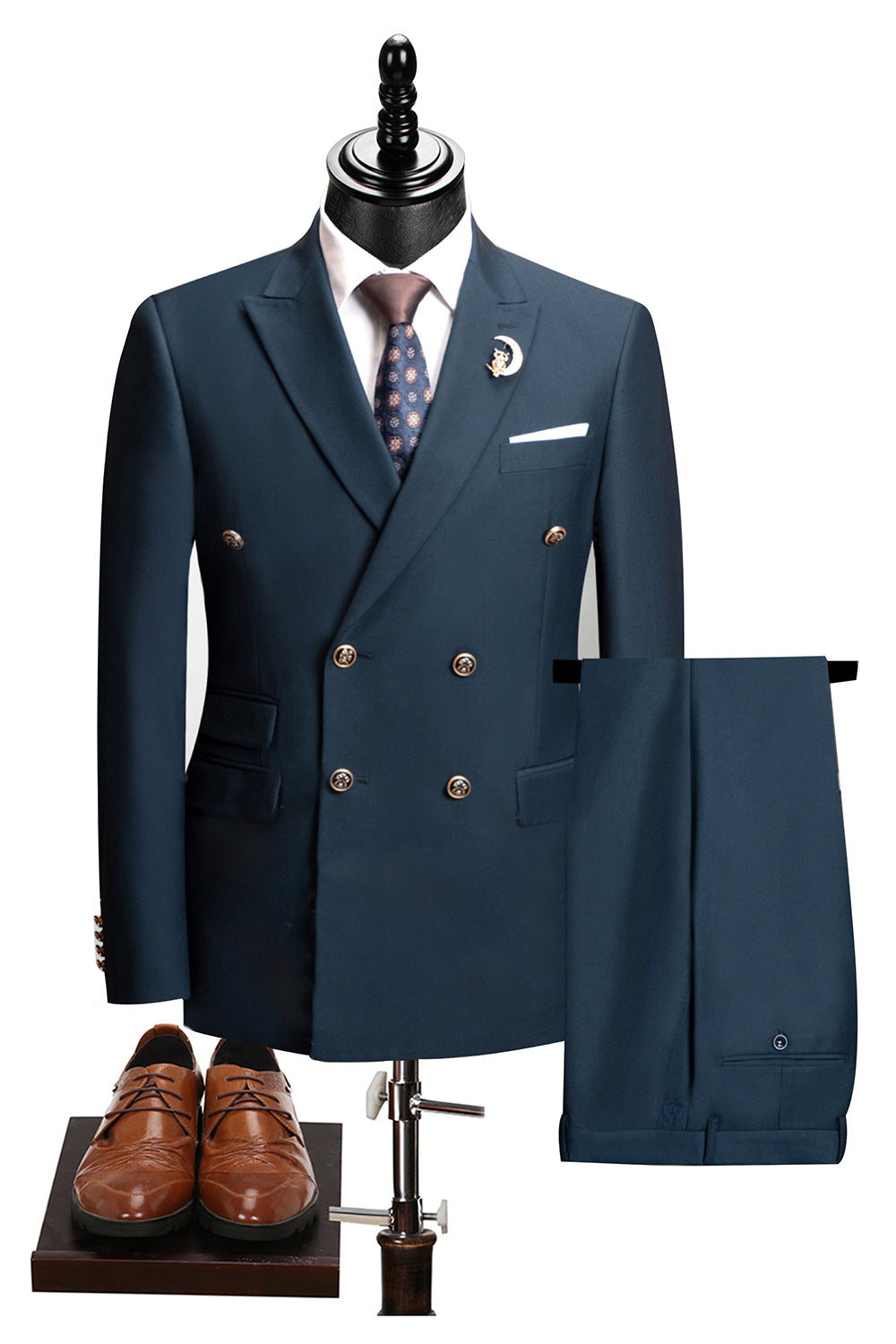 2 Piece Black Peaked Lapel Double Breasted Men's Suits with Sleeves