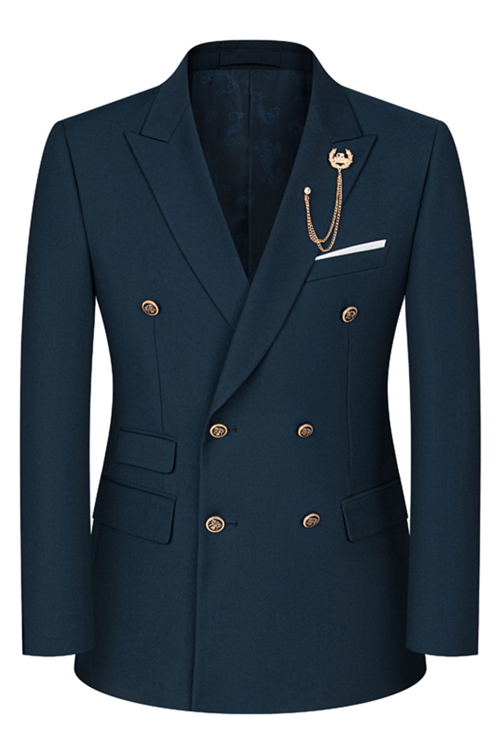 2 Piece Black Peaked Lapel Double Breasted Men's Suits with Sleeves