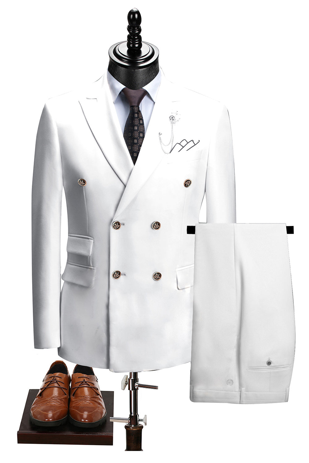 2 Piece Black Peaked Lapel Double Breasted Men's Suits with Sleeves