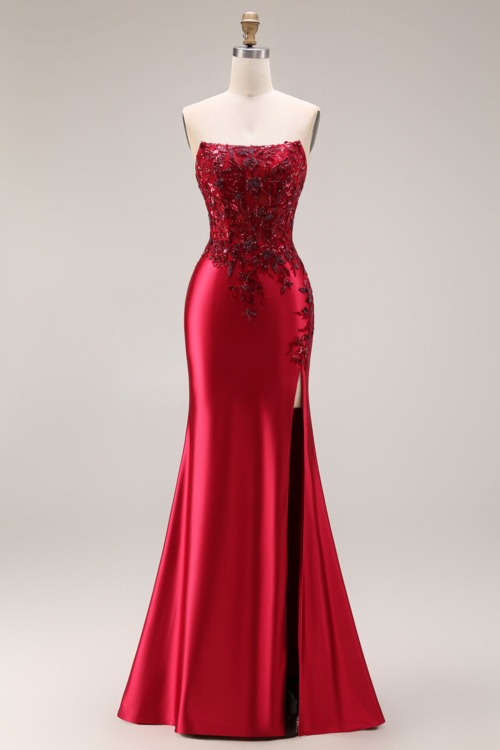 Dark Green Satin Strapless Appliqued Mermaid Long Prom Dress with Slit