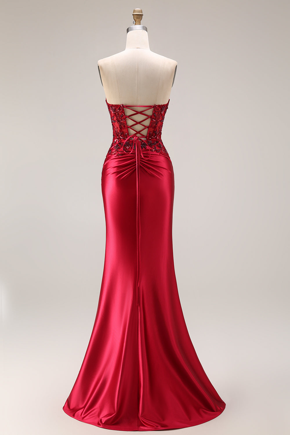 Dark Green Satin Strapless Appliqued Mermaid Long Prom Dress with Slit