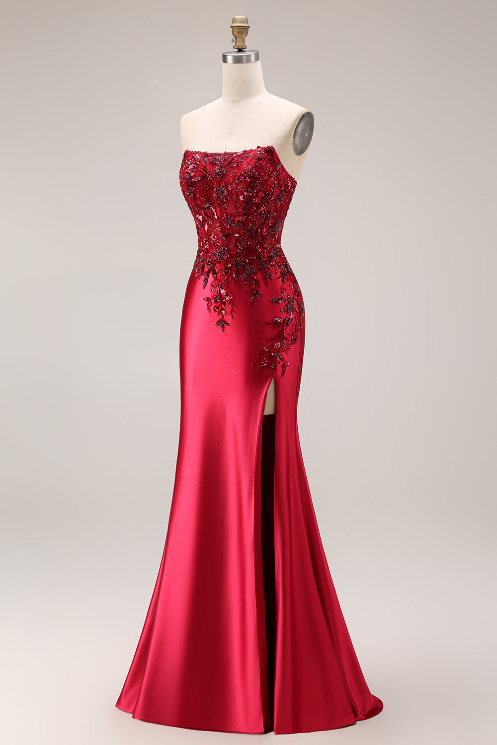 Dark Green Satin Strapless Appliqued Mermaid Long Prom Dress with Slit