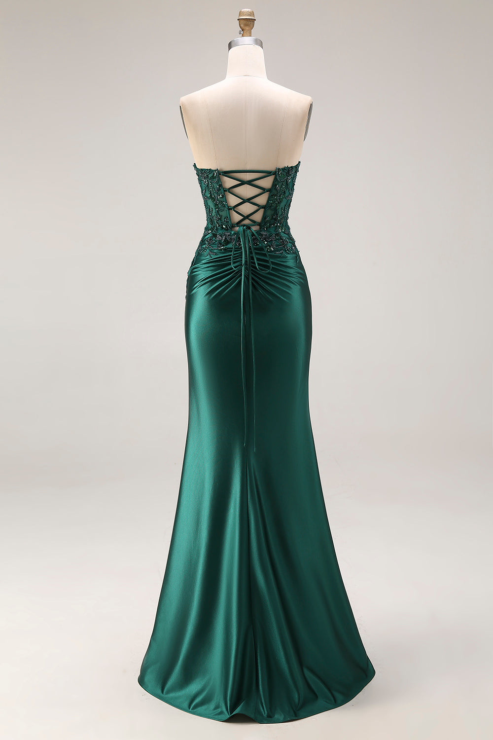 Dark Green Satin Strapless Appliqued Mermaid Long Prom Dress with Slit