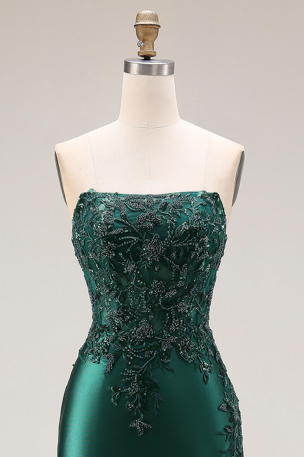 Dark Green Satin Strapless Appliqued Mermaid Long Prom Dress with Slit