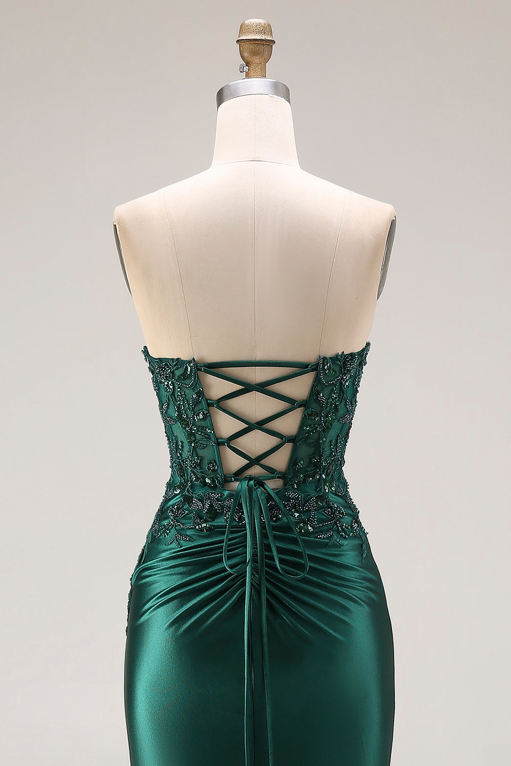 Dark Green Satin Strapless Appliqued Mermaid Long Prom Dress with Slit