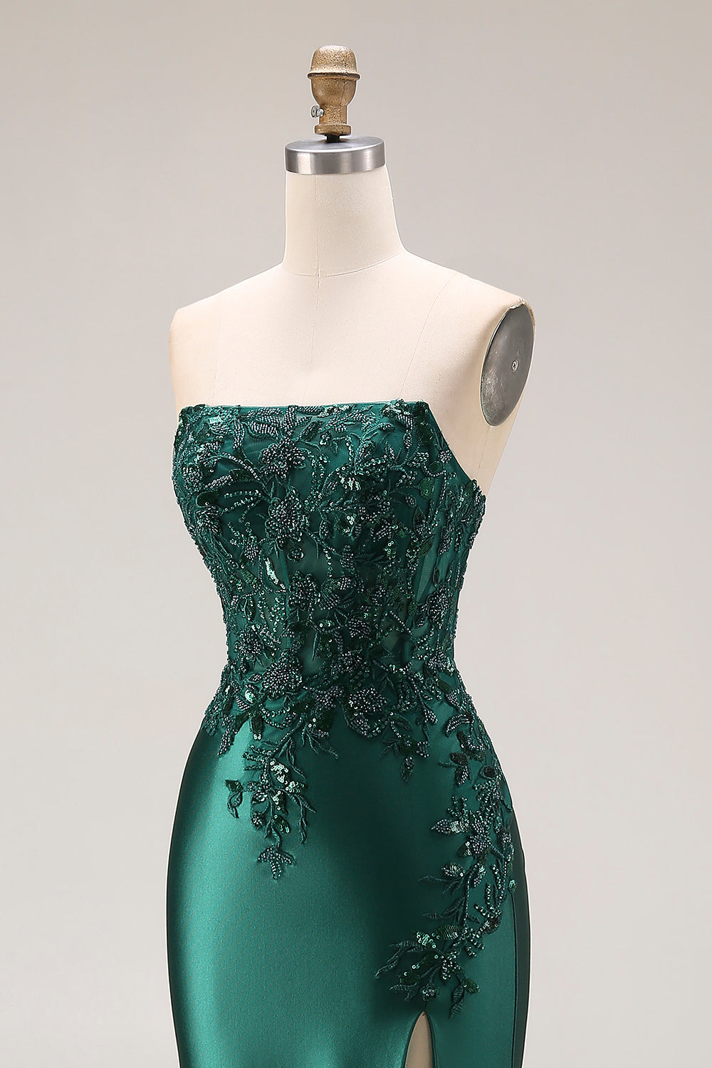 Dark Green Satin Strapless Appliqued Mermaid Long Prom Dress with Slit