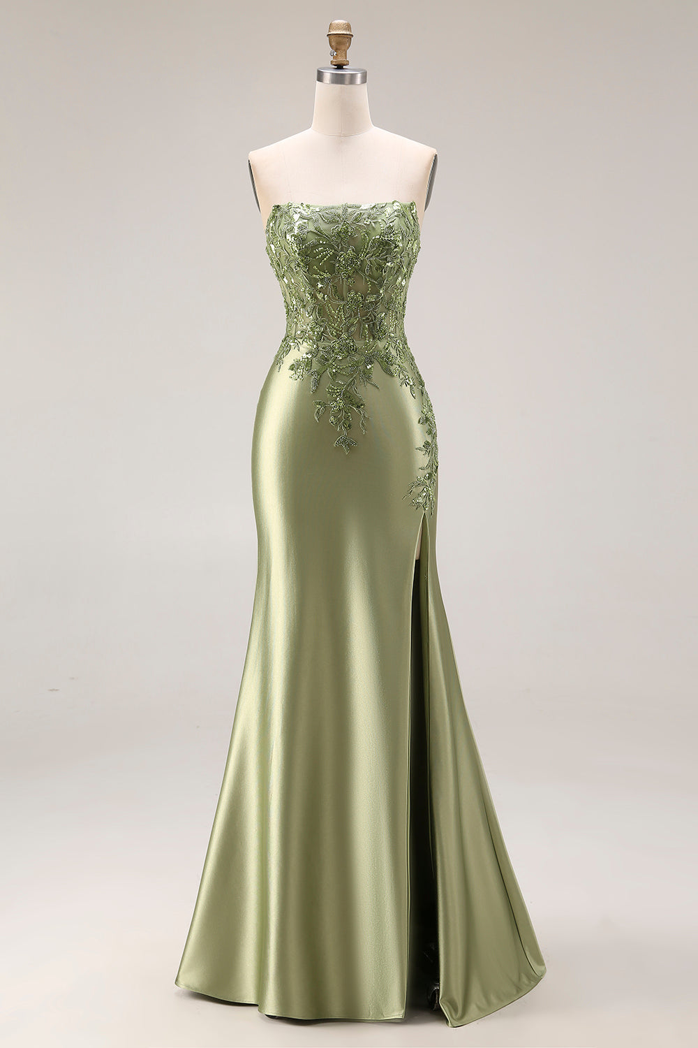 Dark Green Satin Strapless Appliqued Mermaid Long Prom Dress with Slit
