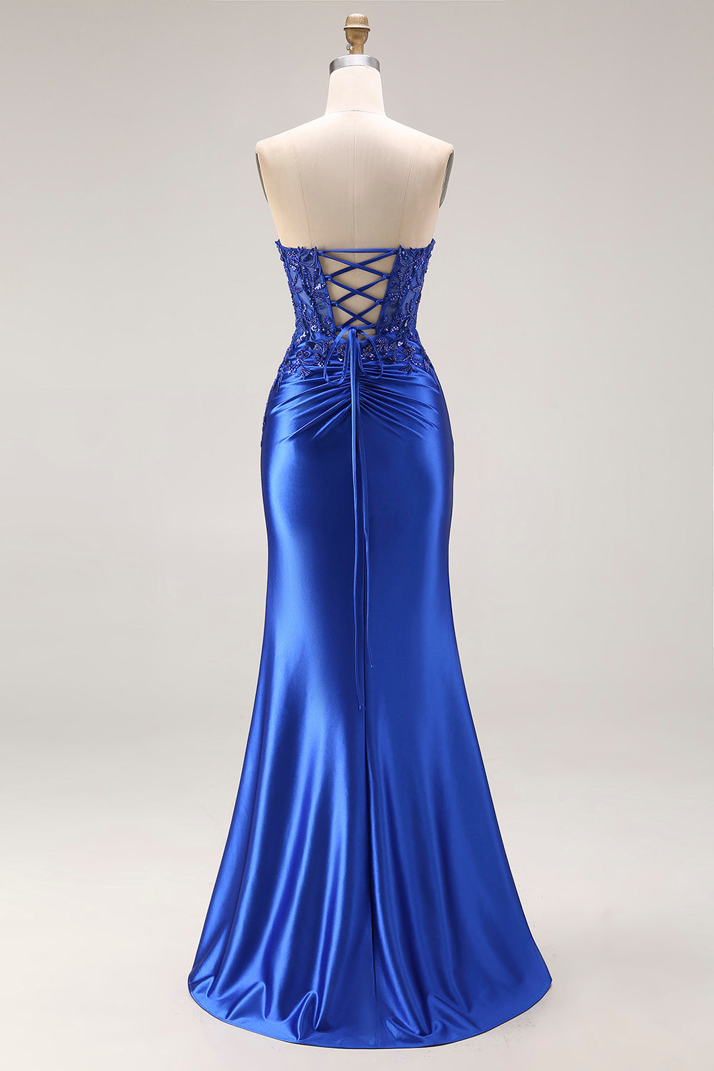 Dark Green Satin Strapless Appliqued Mermaid Long Prom Dress with Slit