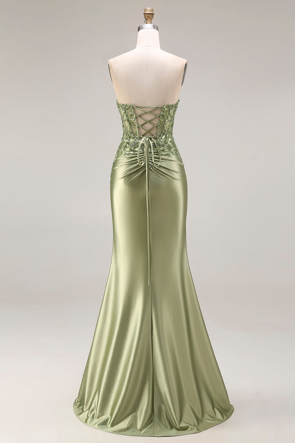 Dark Green Satin Strapless Appliqued Mermaid Long Prom Dress with Slit