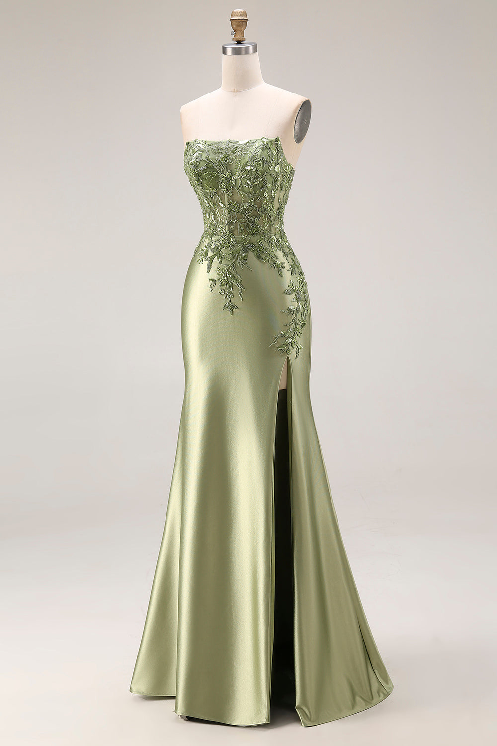 Dark Green Satin Strapless Appliqued Mermaid Long Prom Dress with Slit