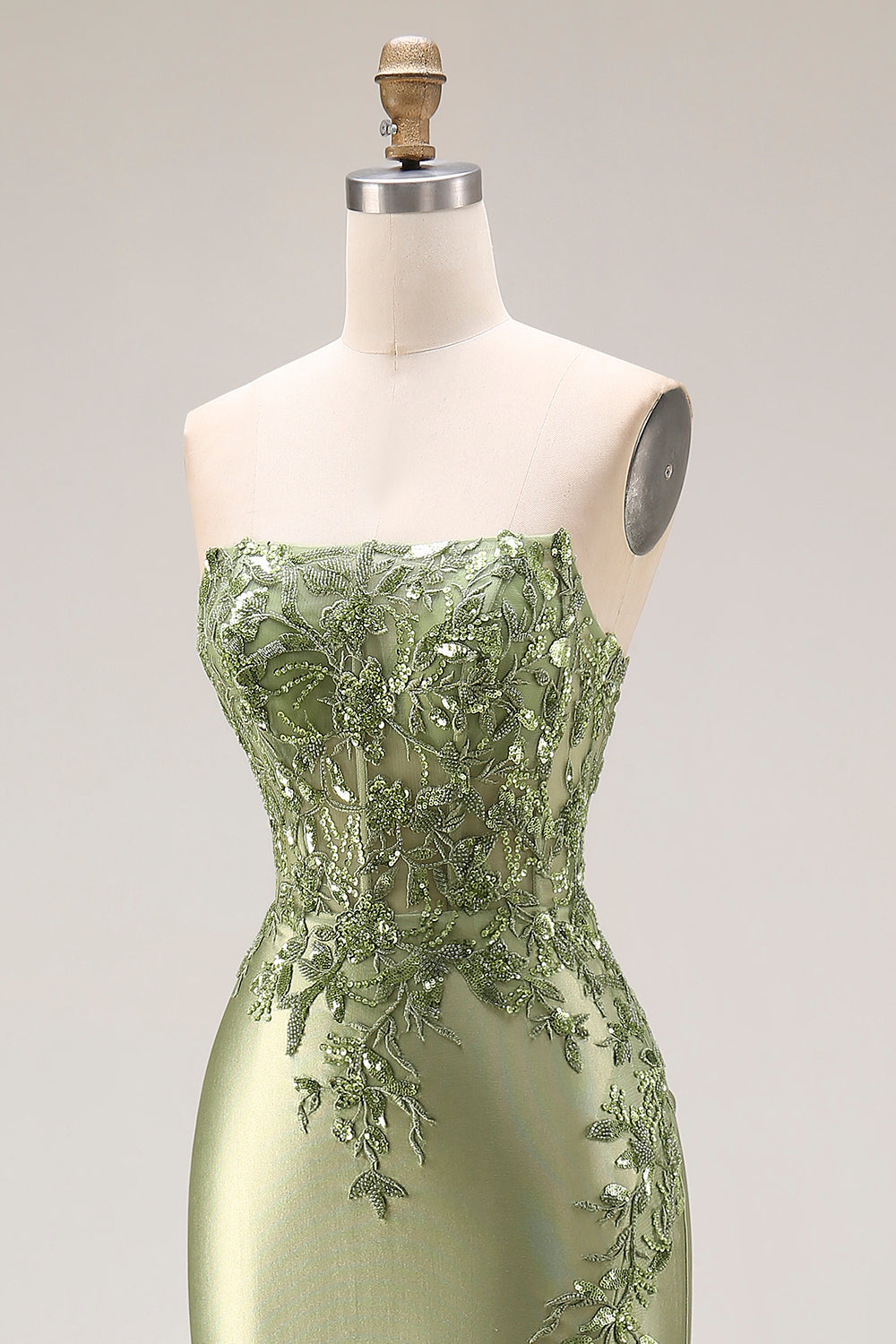 Dark Green Satin Strapless Appliqued Mermaid Long Prom Dress with Slit