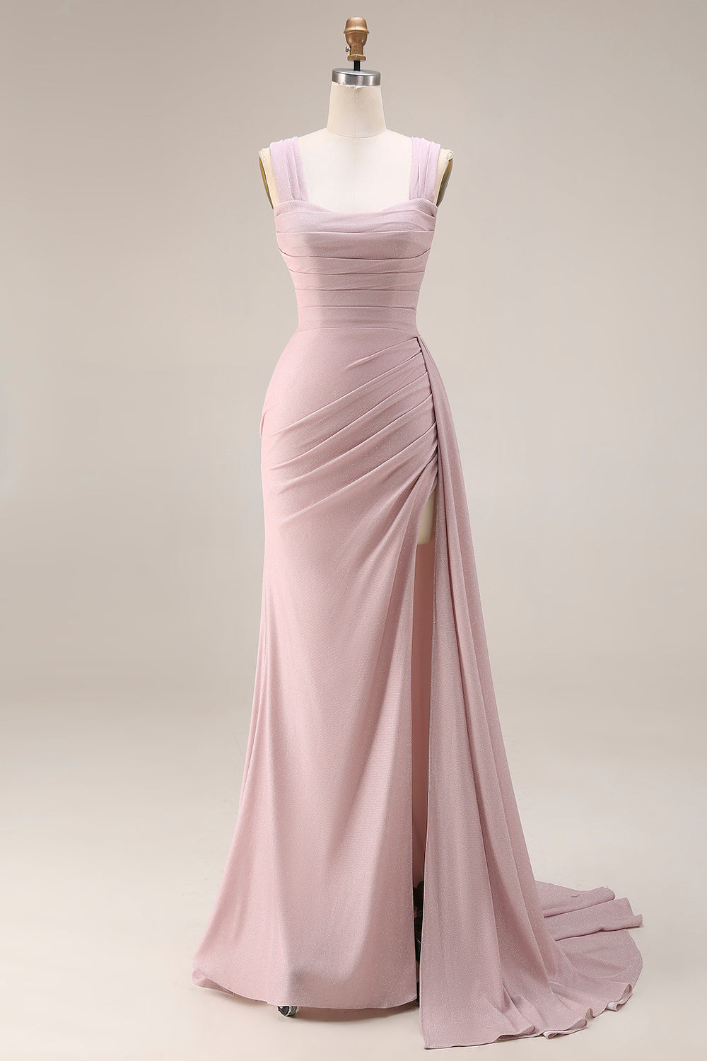 Pink Mermaid Pleated Satin Side Slit Long Prom Dress with Cape