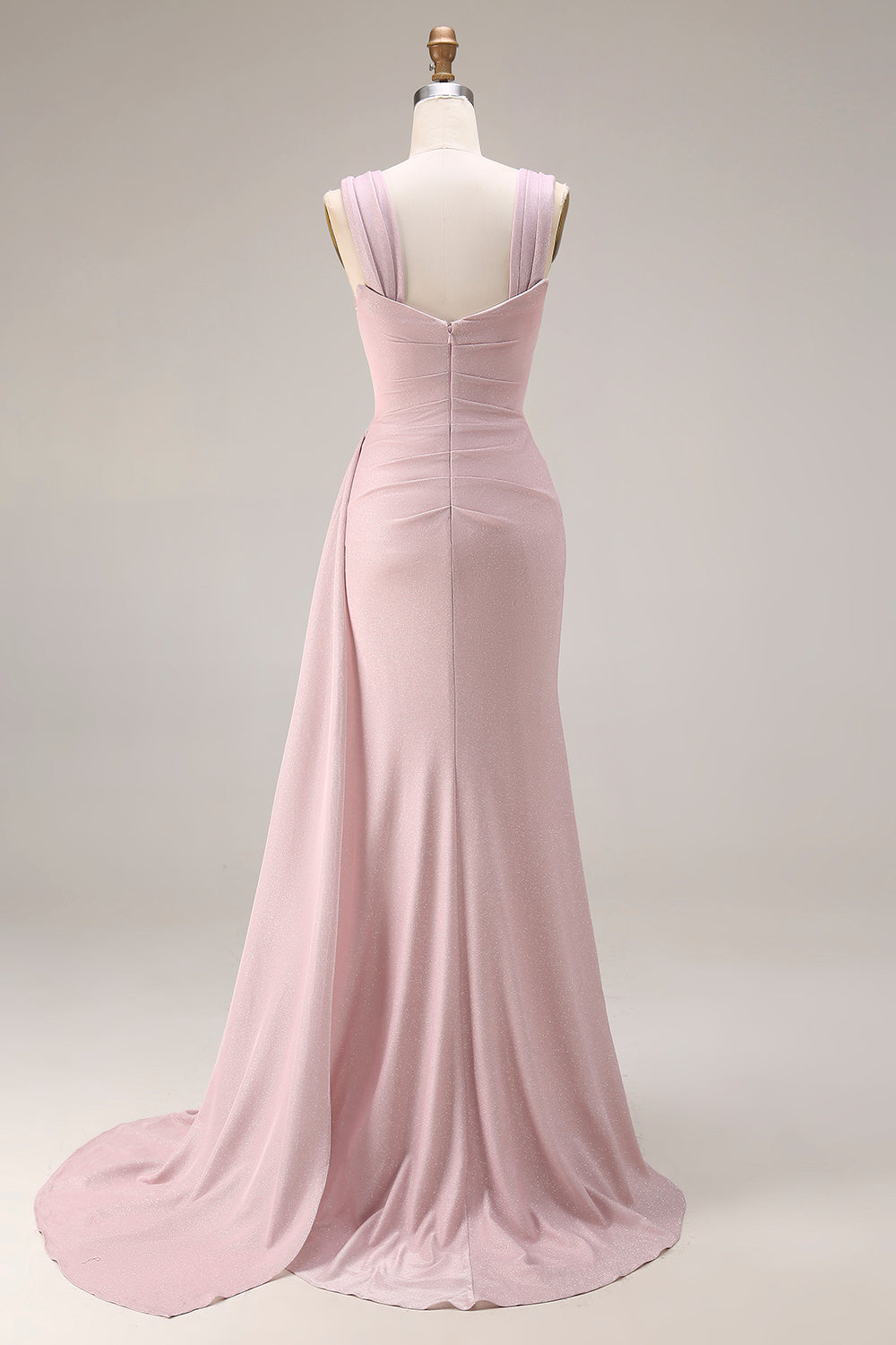 Pink Mermaid Pleated Satin Side Slit Long Prom Dress with Cape