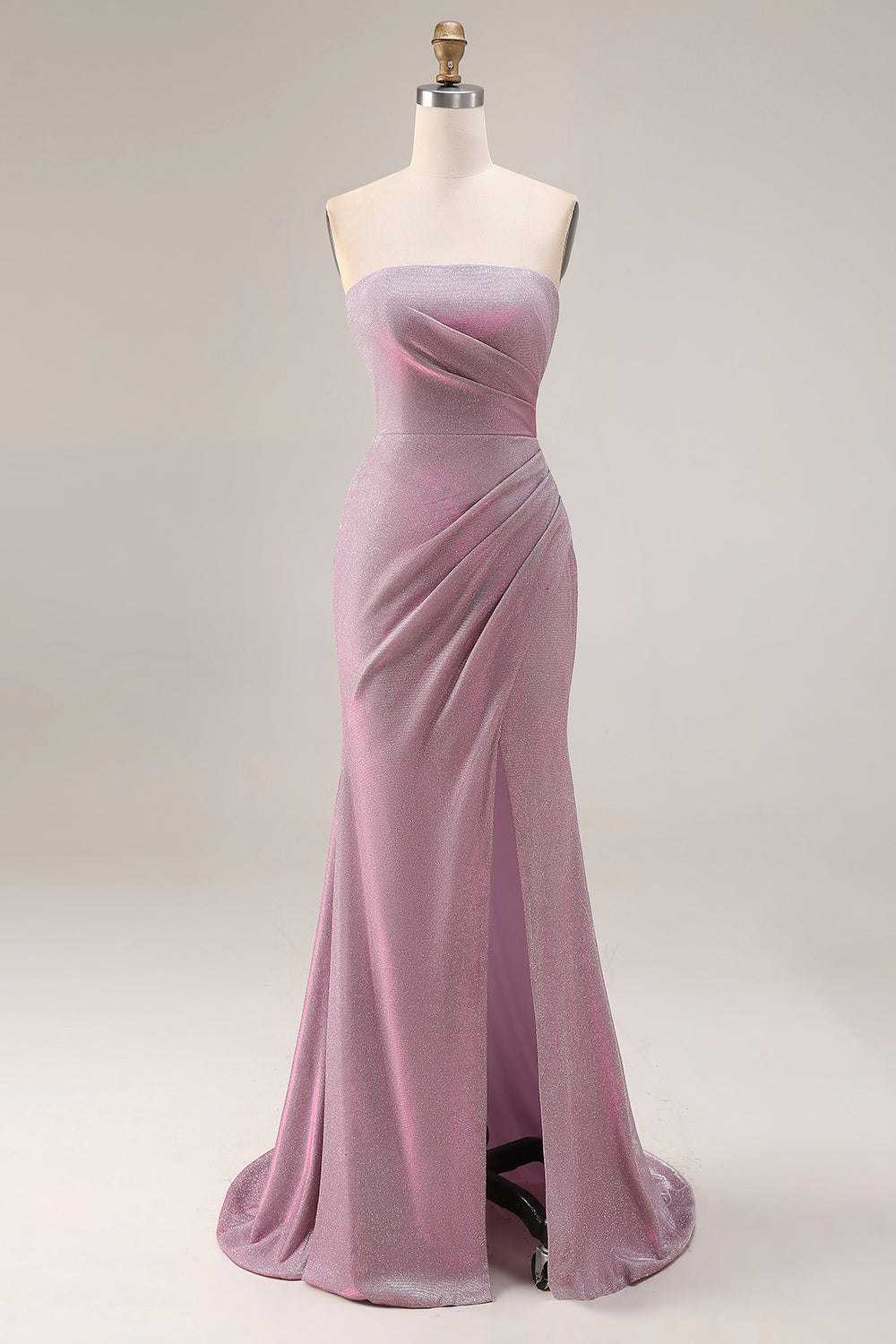 Robe de bal longue sirène sans bretelles froissée fendue Dusty Plum