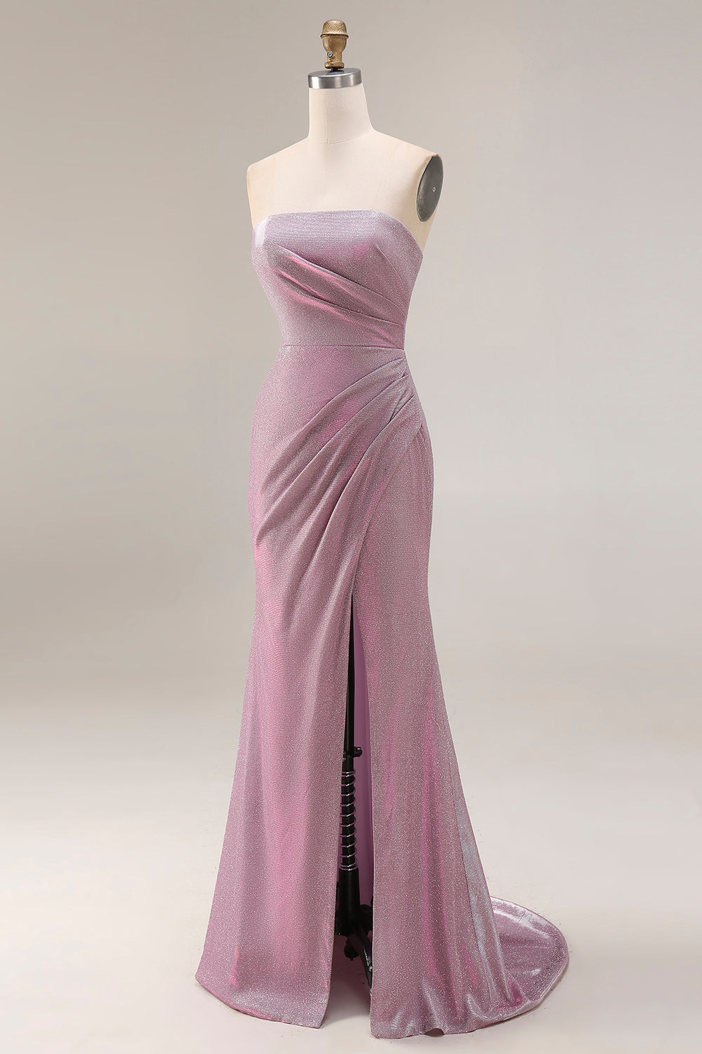 Robe de bal longue sirène sans bretelles froissée fendue Dusty Plum