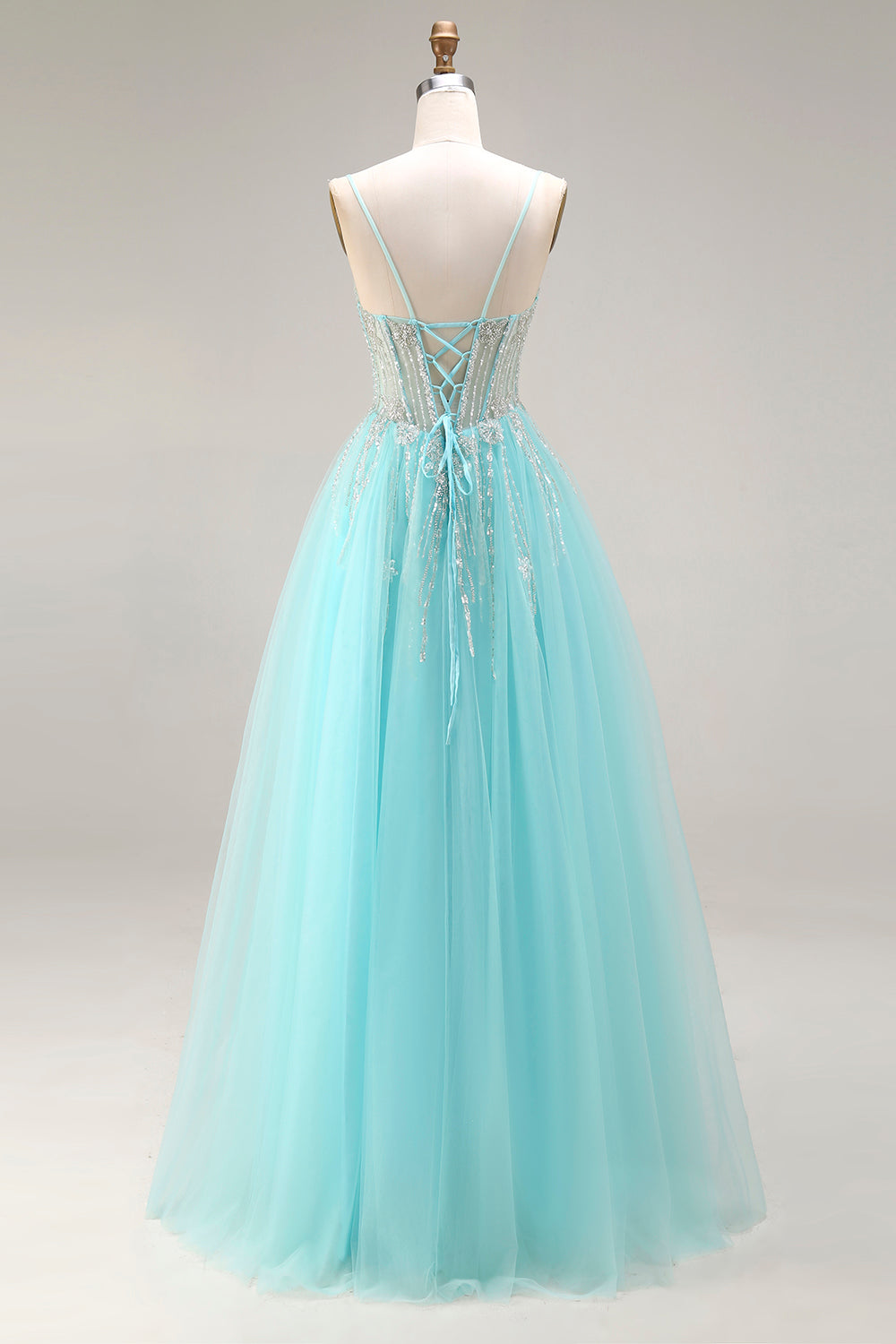 Mint A-Line Sequins Sheer Corset Beaded Long Prom Dress with Lace Up Back