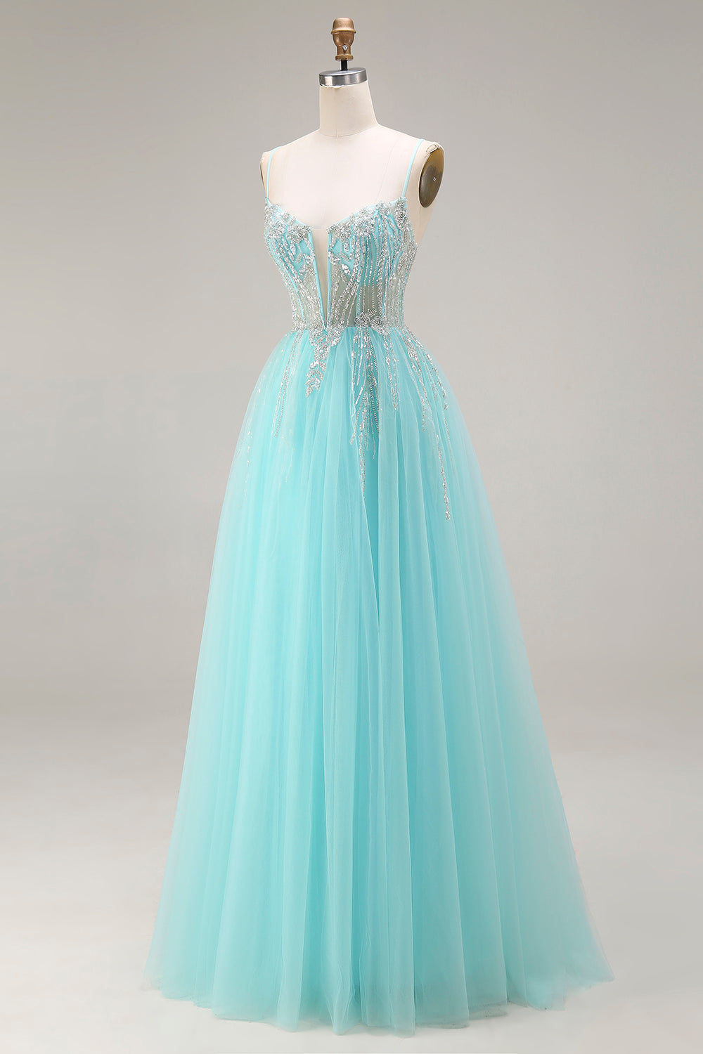 Mint A-Line Sequins Sheer Corset Beaded Long Prom Dress with Lace Up Back