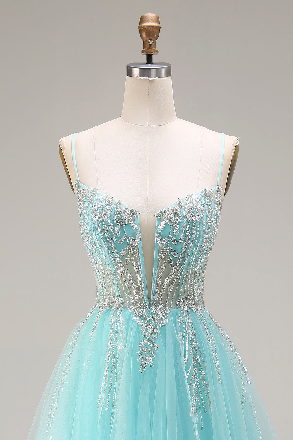 Mint A-Line Sequins Sheer Corset Beaded Long Prom Dress with Lace Up Back