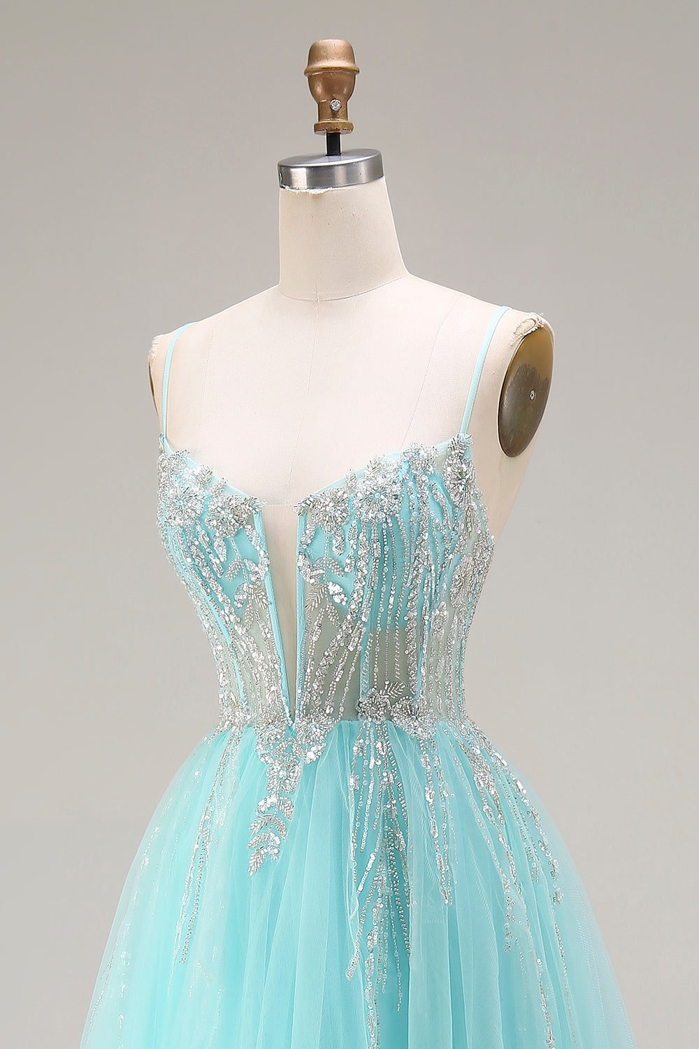 Mint A-Line Sequins Sheer Corset Beaded Long Prom Dress with Lace Up Back