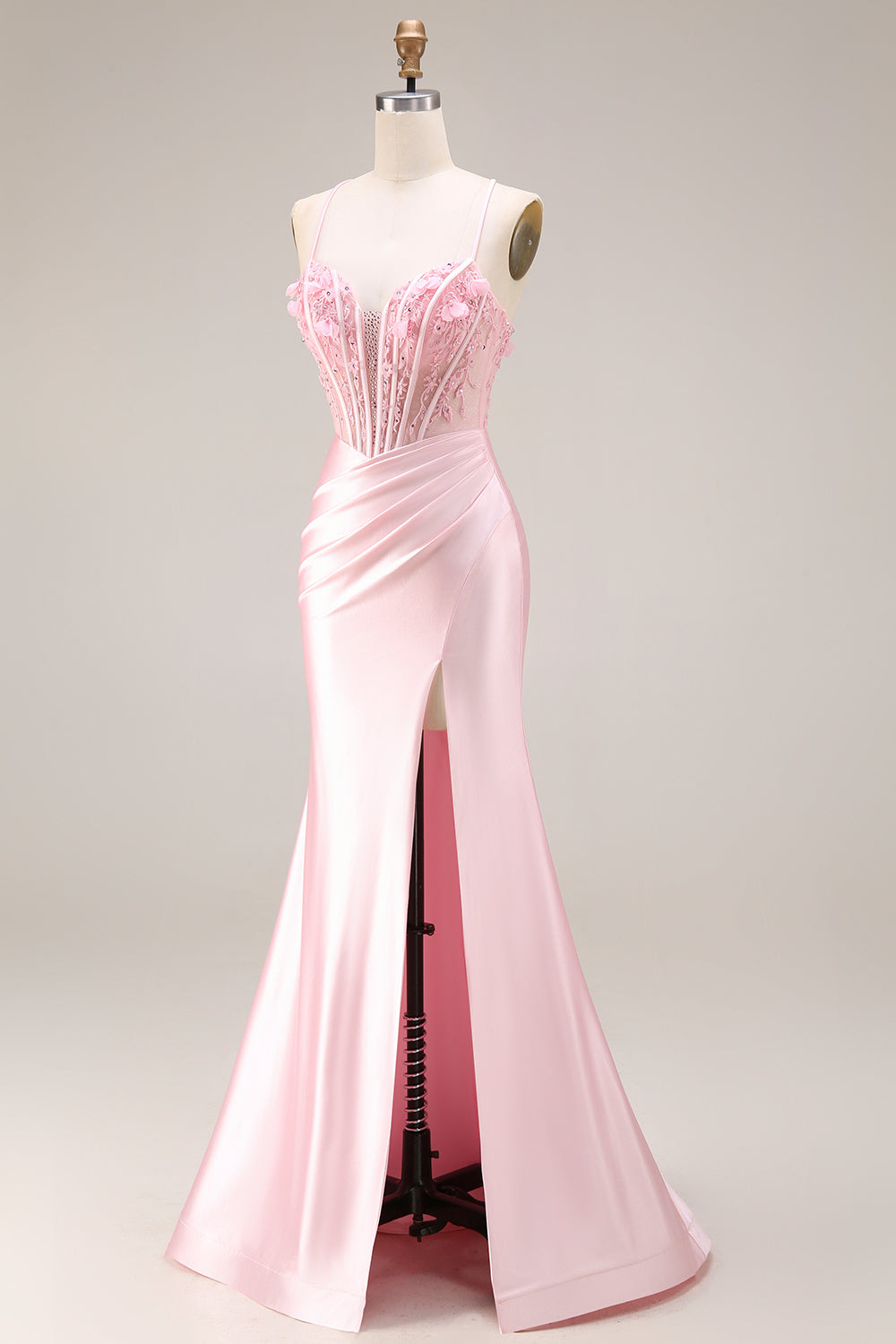 Pink Basque Waist Appliqued Mermaid Satin Long Prom Dress with Slit