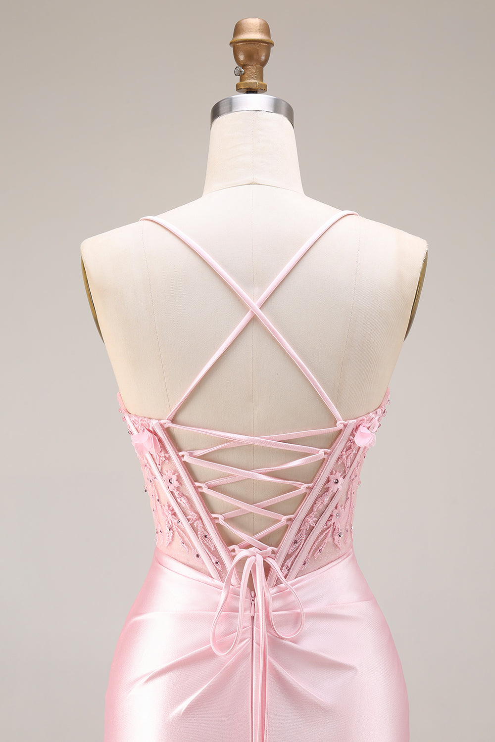 Pink Basque Waist Appliqued Mermaid Satin Long Prom Dress with Slit