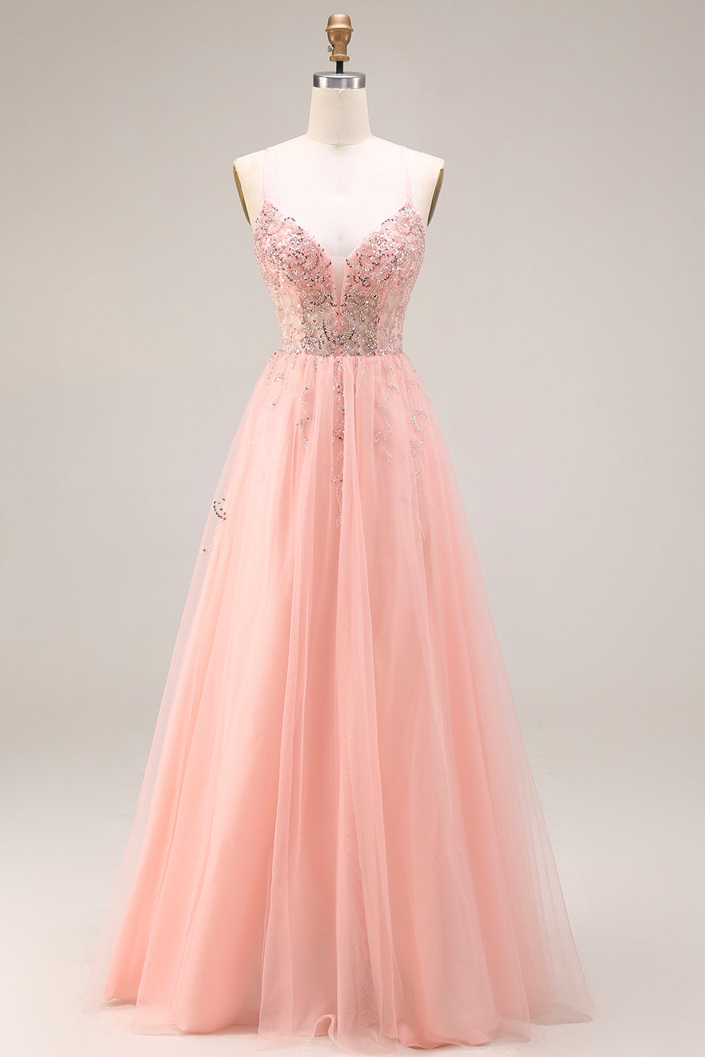 Robe de bal longue en tulle ligne A à bretelles spaghetti corset appliqué pastèque
