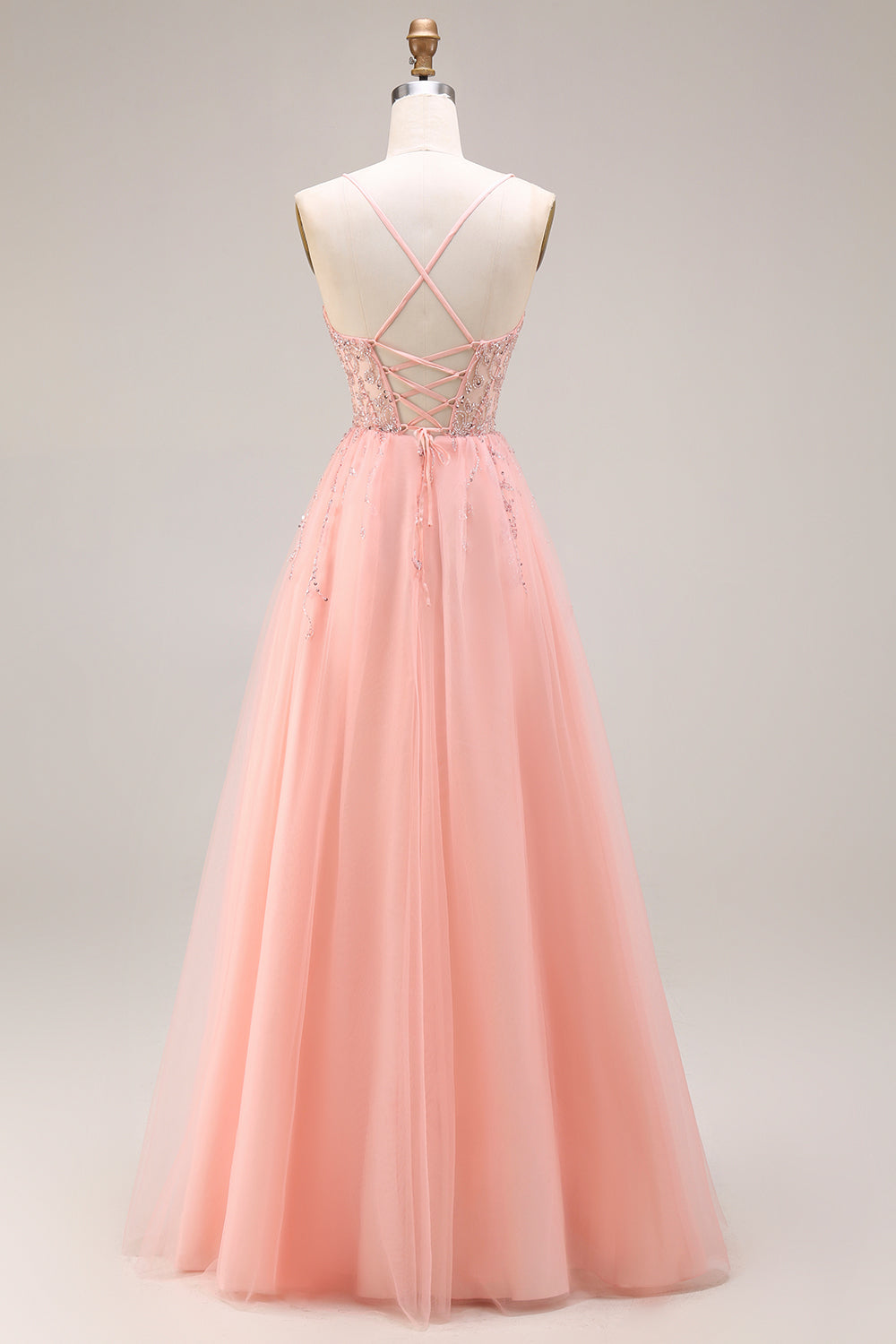 Robe de bal longue en tulle ligne A à bretelles spaghetti corset appliqué pastèque