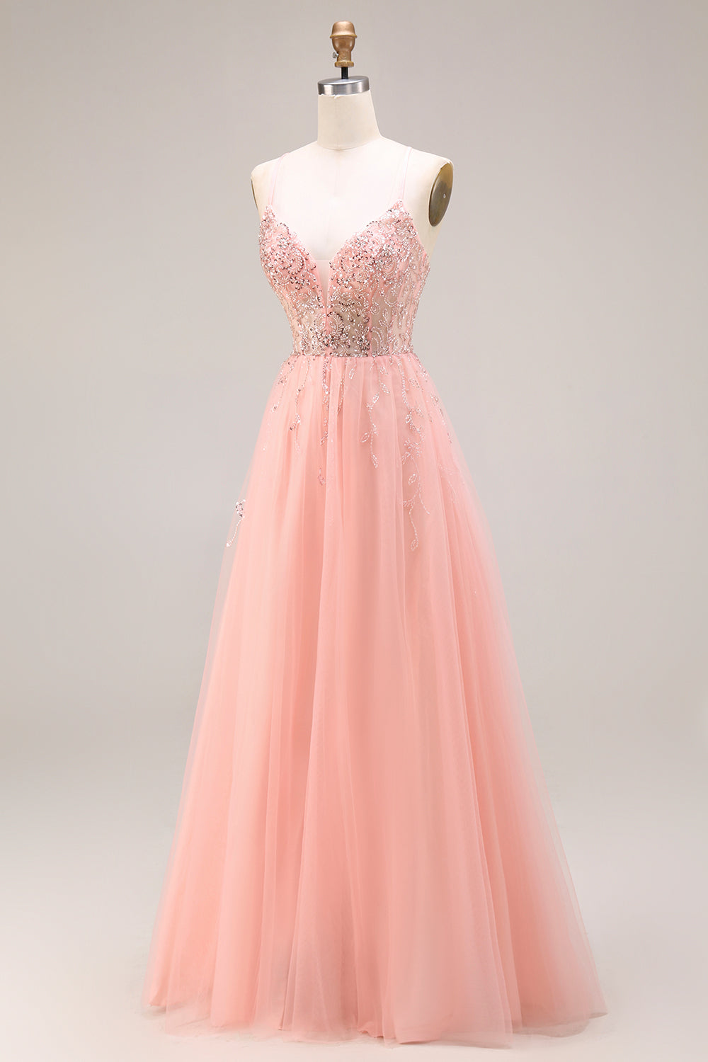 Robe de bal longue en tulle ligne A à bretelles spaghetti corset appliqué pastèque