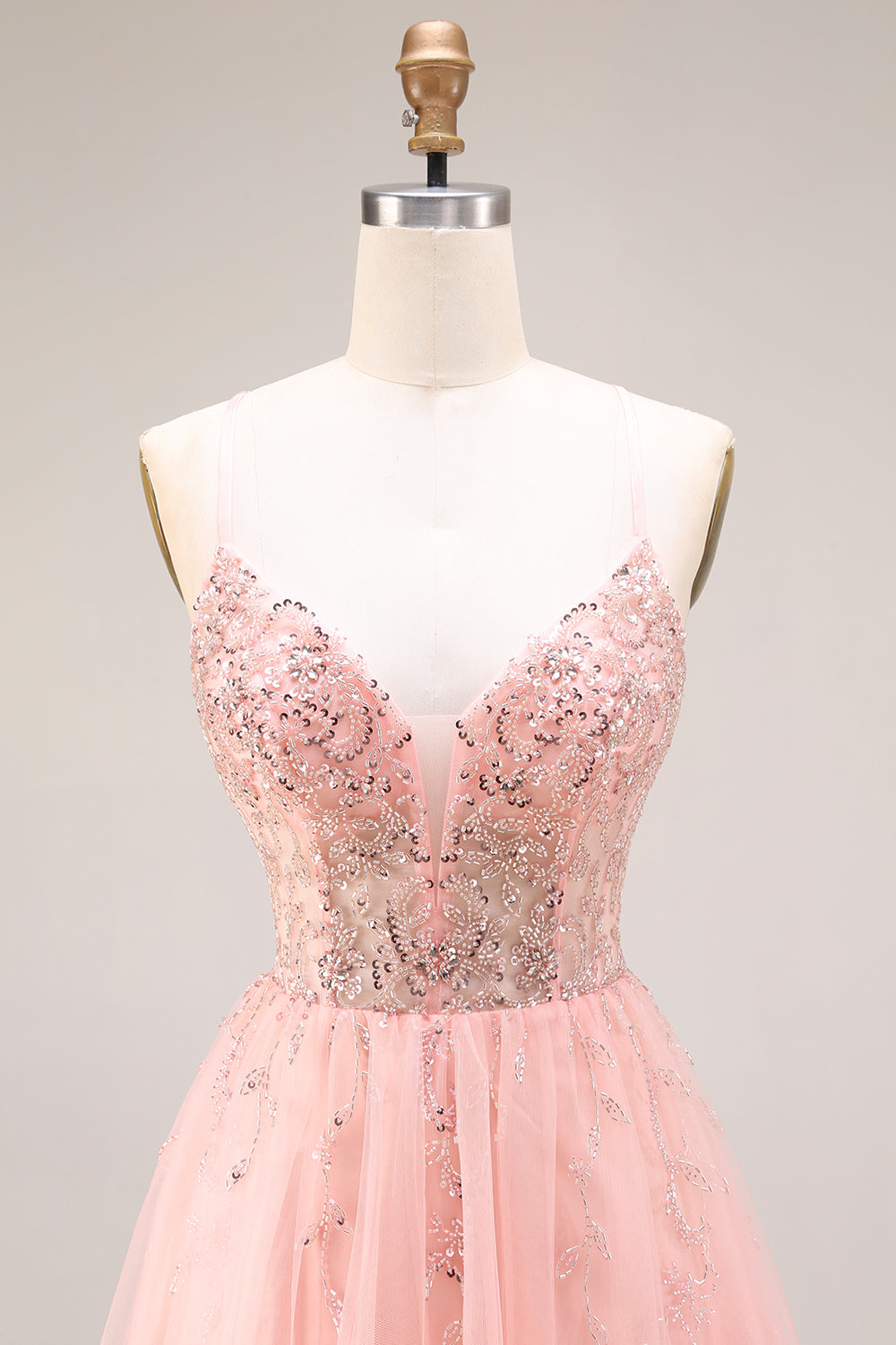 Robe de bal longue en tulle ligne A à bretelles spaghetti corset appliqué pastèque