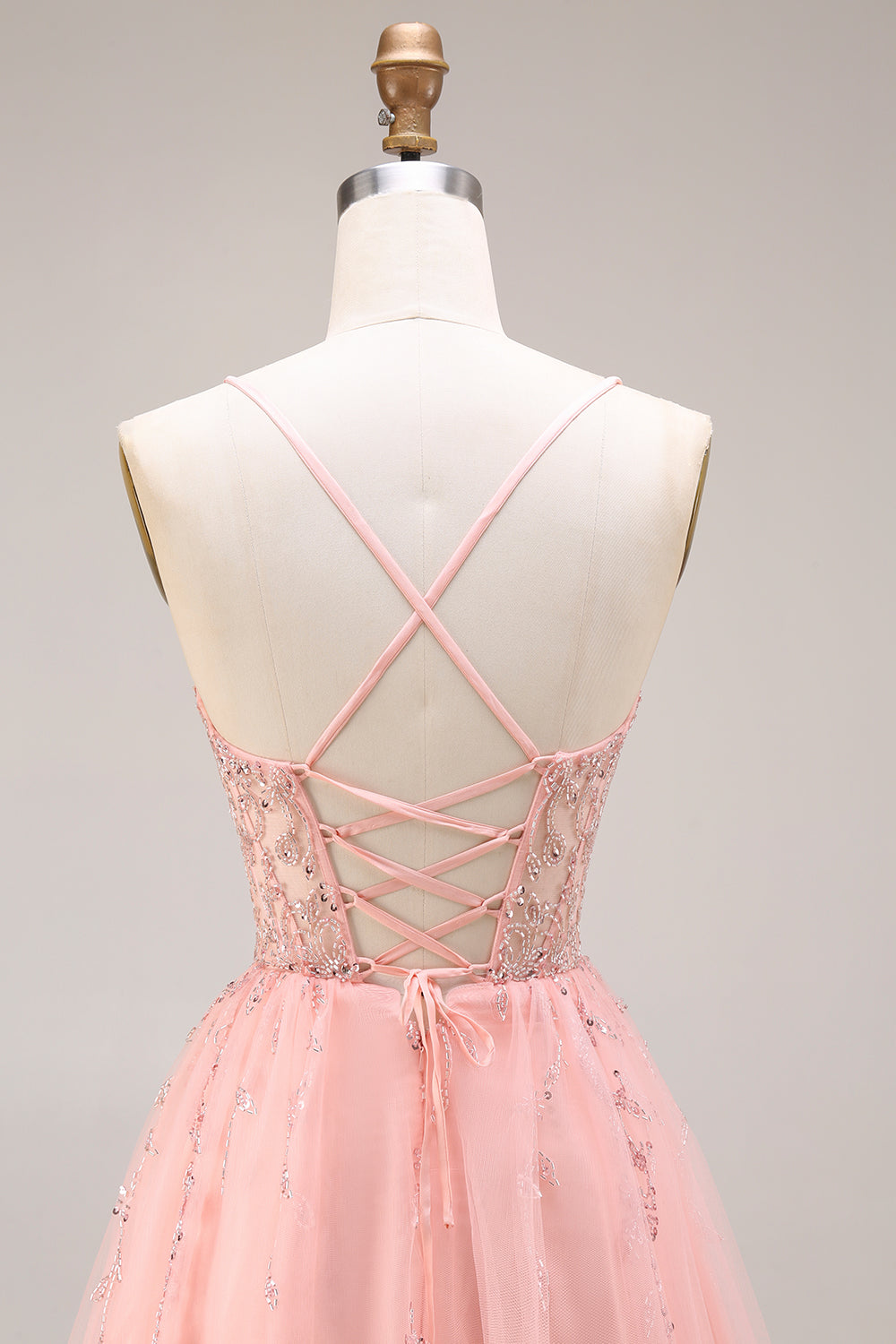 Robe de bal longue en tulle ligne A à bretelles spaghetti corset appliqué pastèque