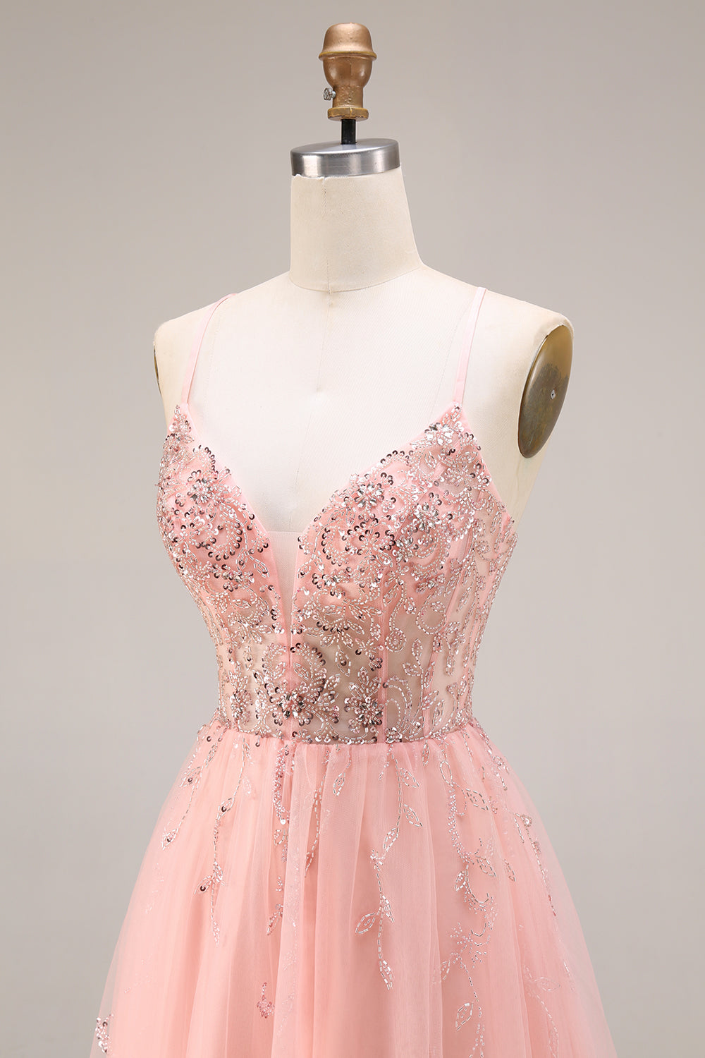 Robe de bal longue en tulle ligne A à bretelles spaghetti corset appliqué pastèque