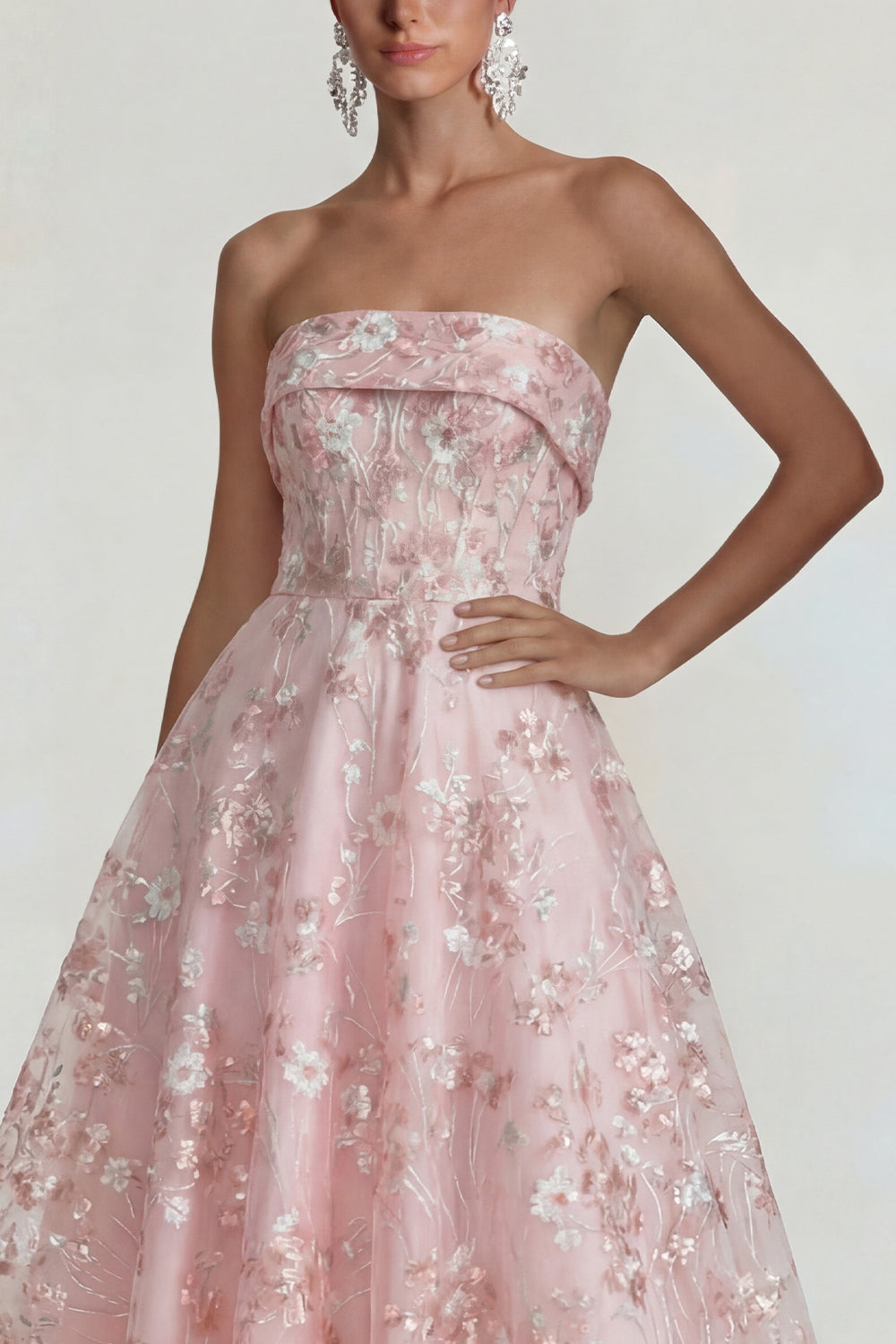 Sparkly Flower Appliqued Pink Strapless A Line Midi Dress