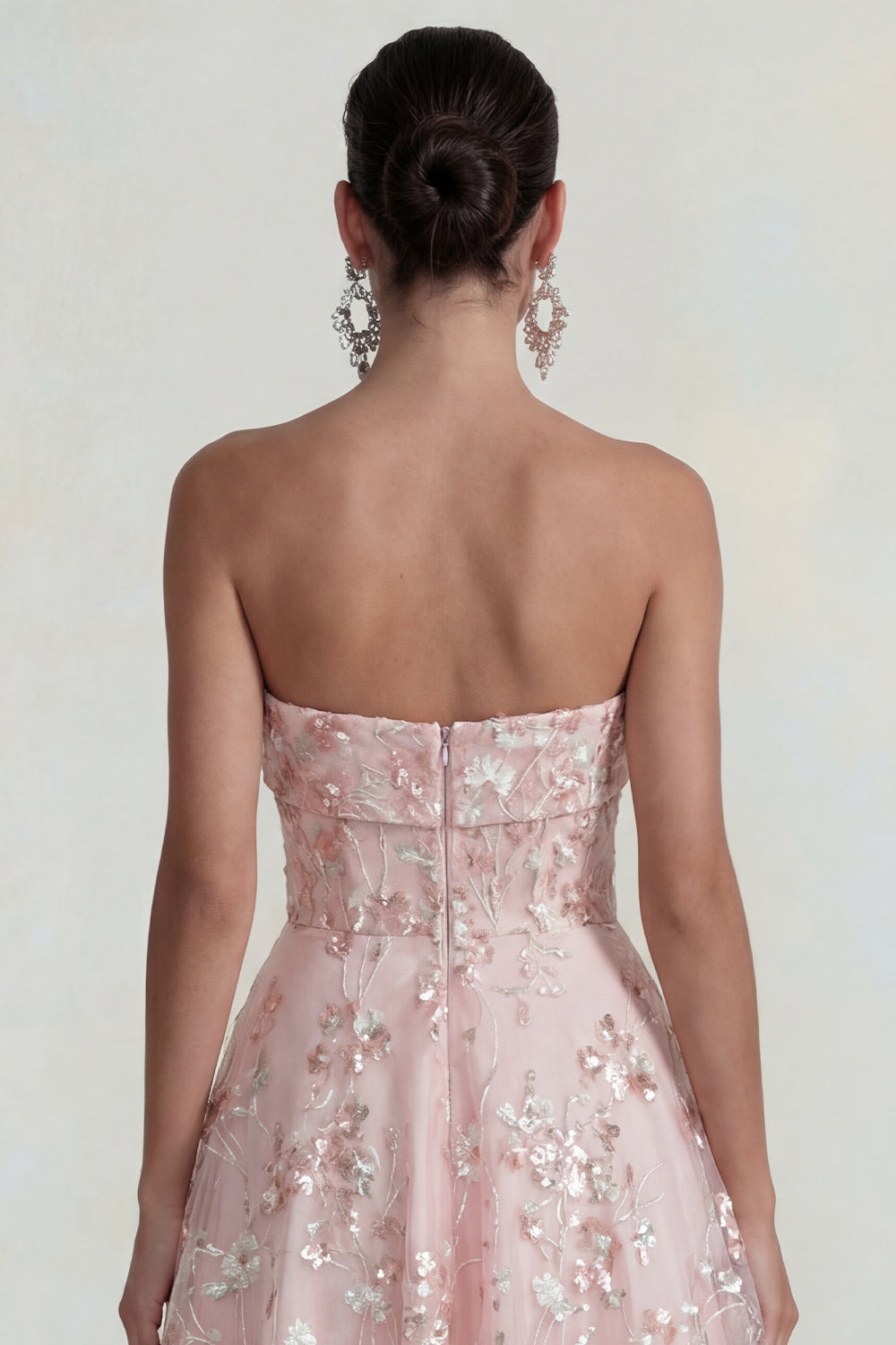 Sparkly Flower Appliqued Pink Strapless A Line Midi Dress