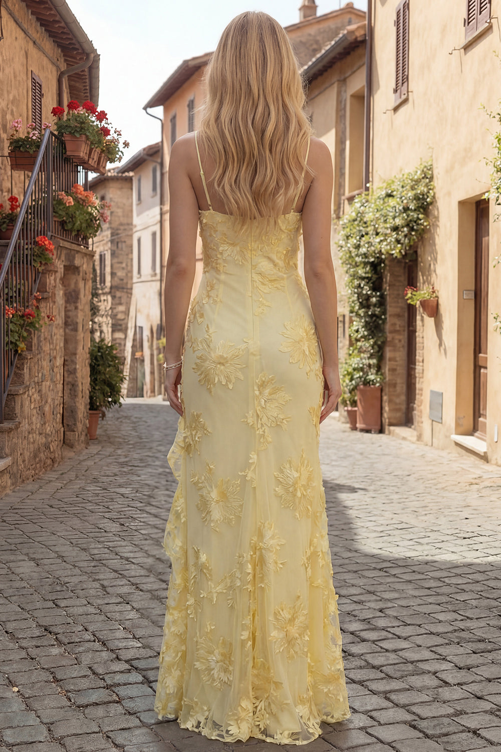 Yellow Sheath Floral Embroidery Long Prom Dress with Ruffle Slit