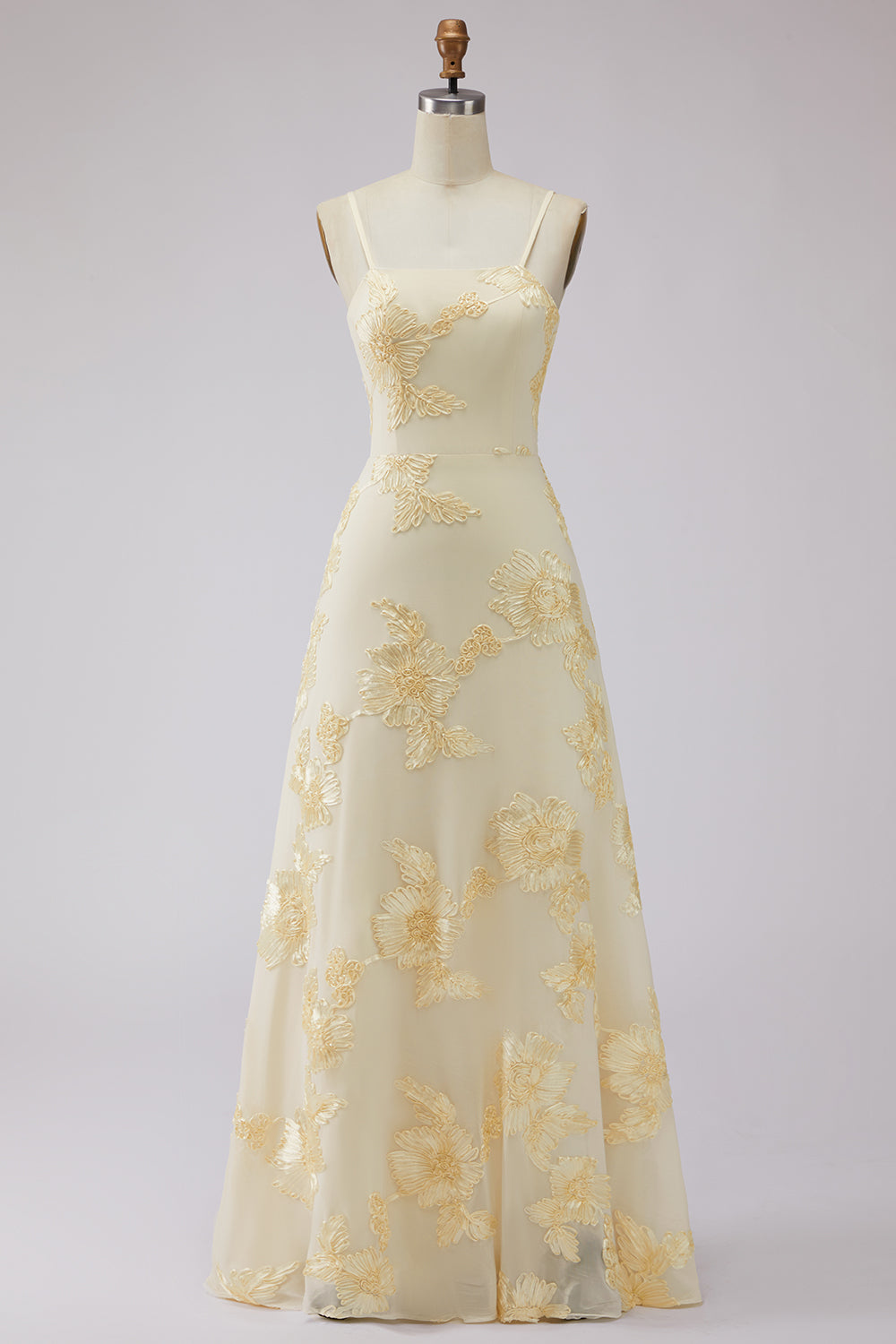 Yellow A-Line Spaghetti Straps Lace-Up Back Long Prom Dress with Floral Embroidery