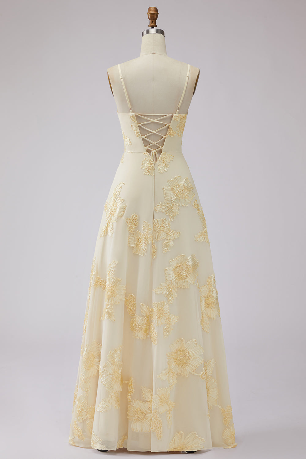 Yellow A-Line Spaghetti Straps Lace-Up Back Long Prom Dress with Floral Embroidery