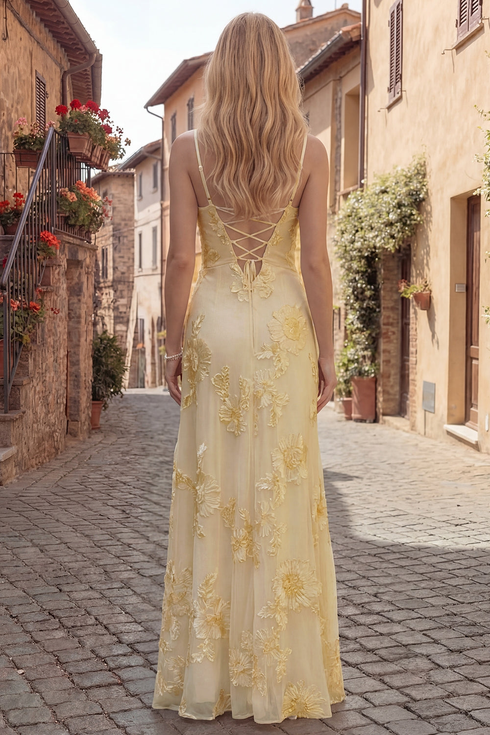 Yellow A-Line Spaghetti Straps Lace-Up Back Long Prom Dress with Floral Embroidery