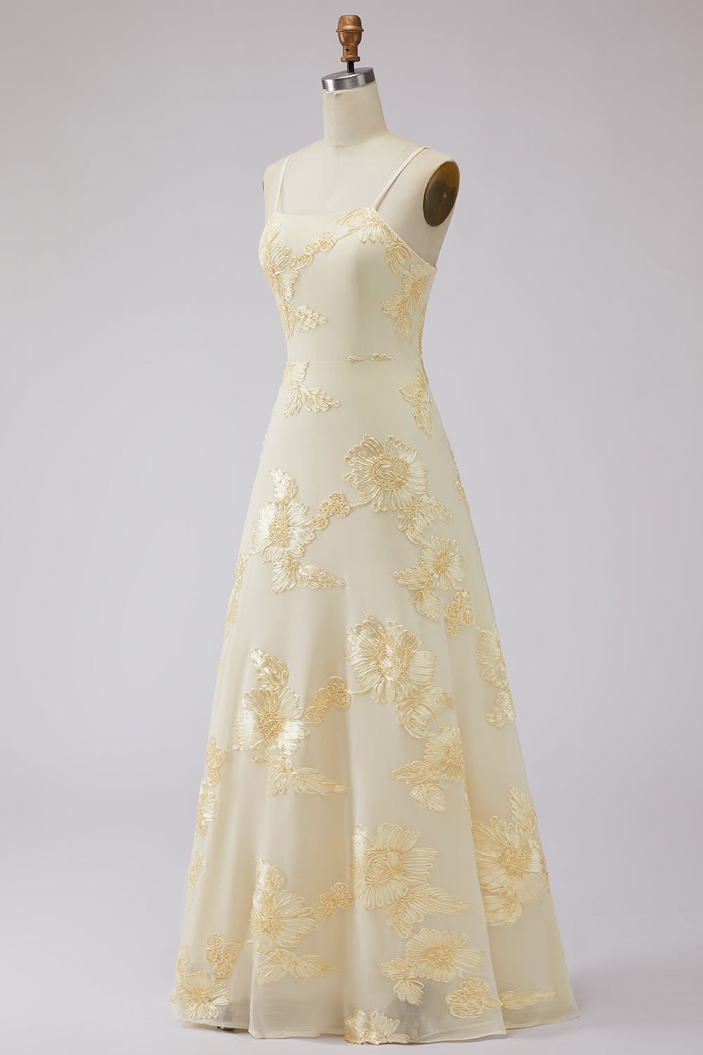 Yellow A-Line Spaghetti Straps Lace-Up Back Long Prom Dress with Floral Embroidery